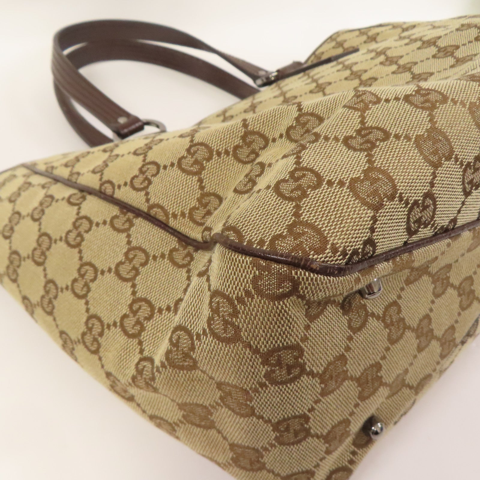 GUCCI 帆布GG Tote Bag銀扣肩背袋/手挽袋棕色