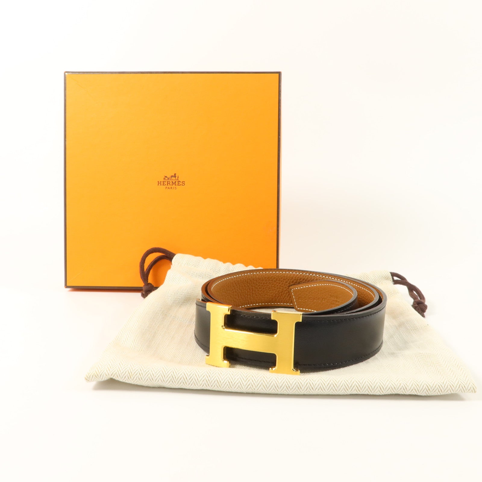 HERMES Box/Togo皮革Constance Belt 85cm皮帶Noir/Gold