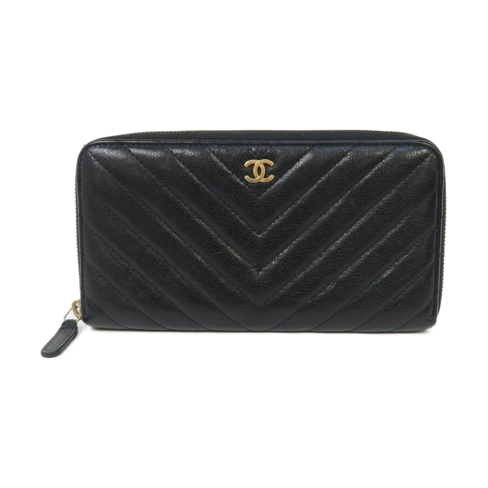 CHANEL 斜紋羊皮皮革Long Wallet金扣長錢包黑色