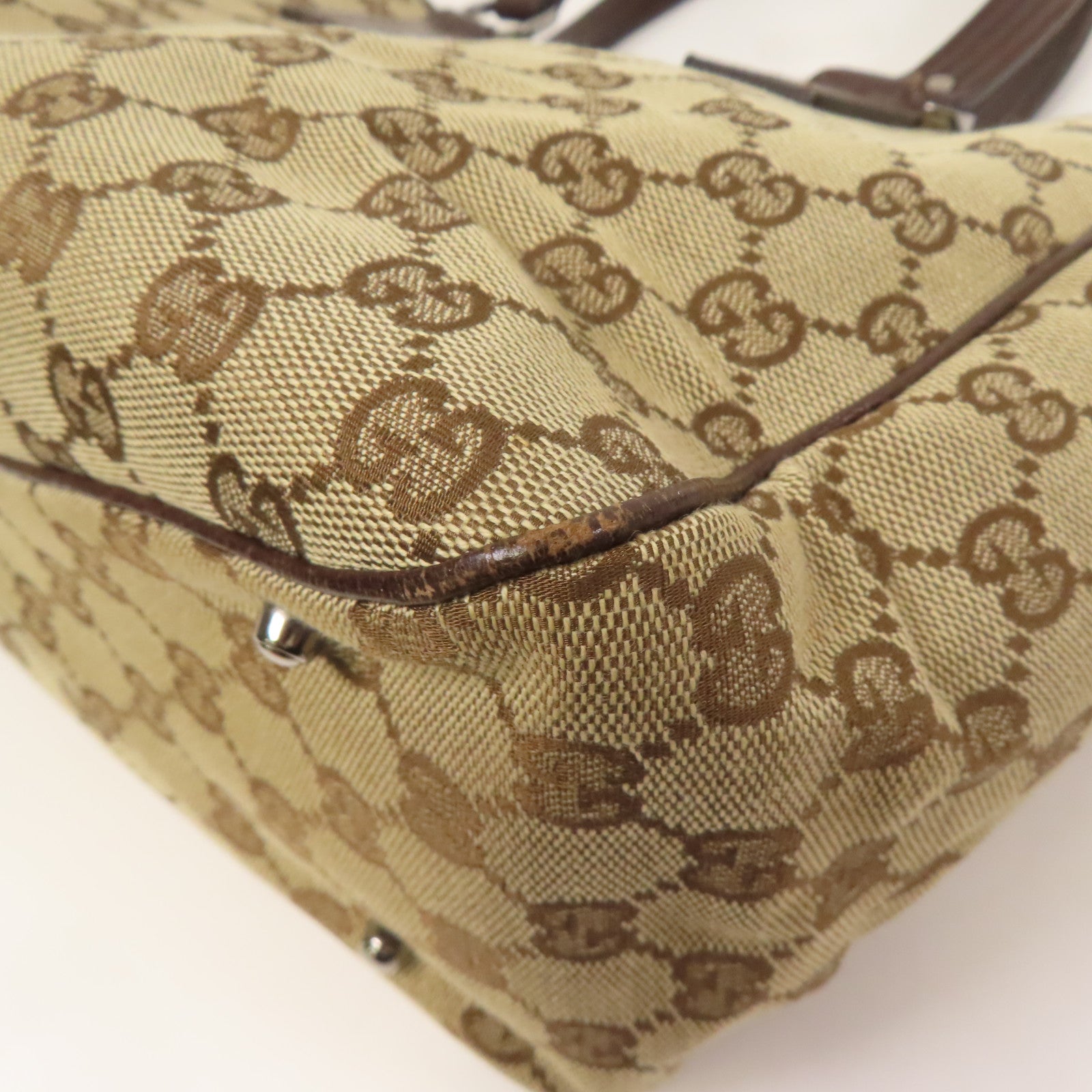 GUCCI 帆布GG Tote Bag銀扣肩背袋/手挽袋棕色