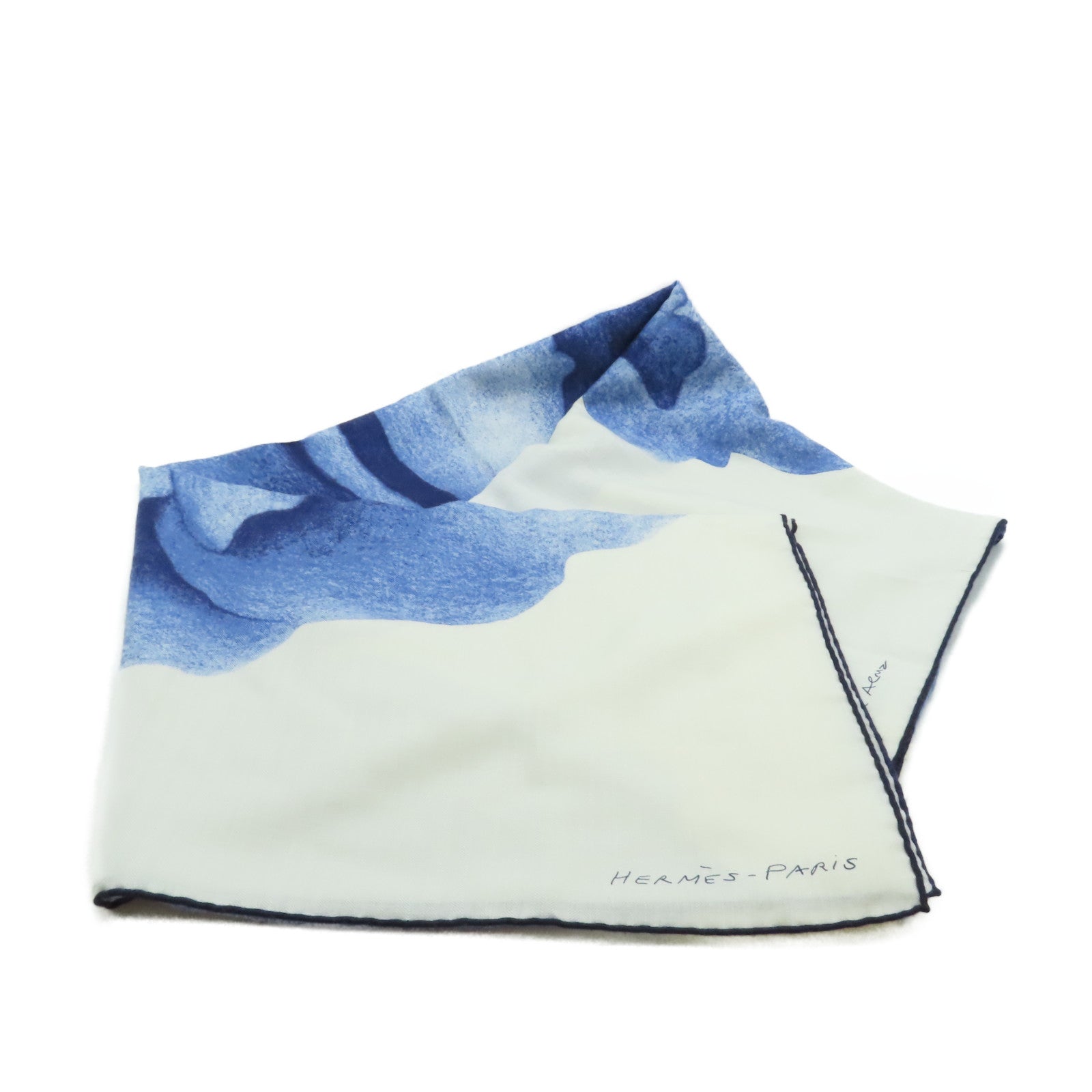 HERMES 【激減優惠】羊絨/絲質Scarf圍巾白色/藍色