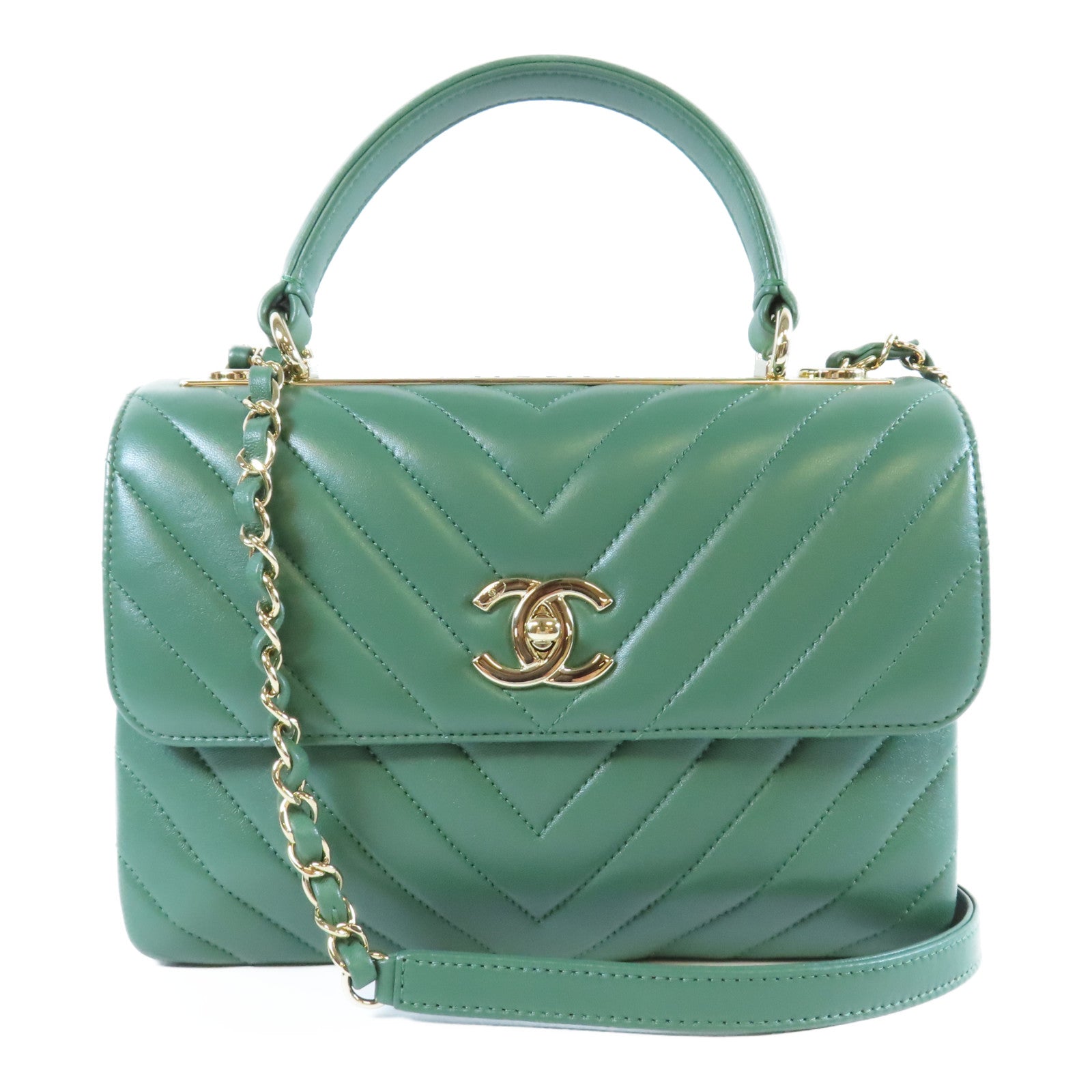 CHANEL 【激減優惠】羊皮皮革Chain Shoulder Bag金扣手挽肩背兩用袋綠色