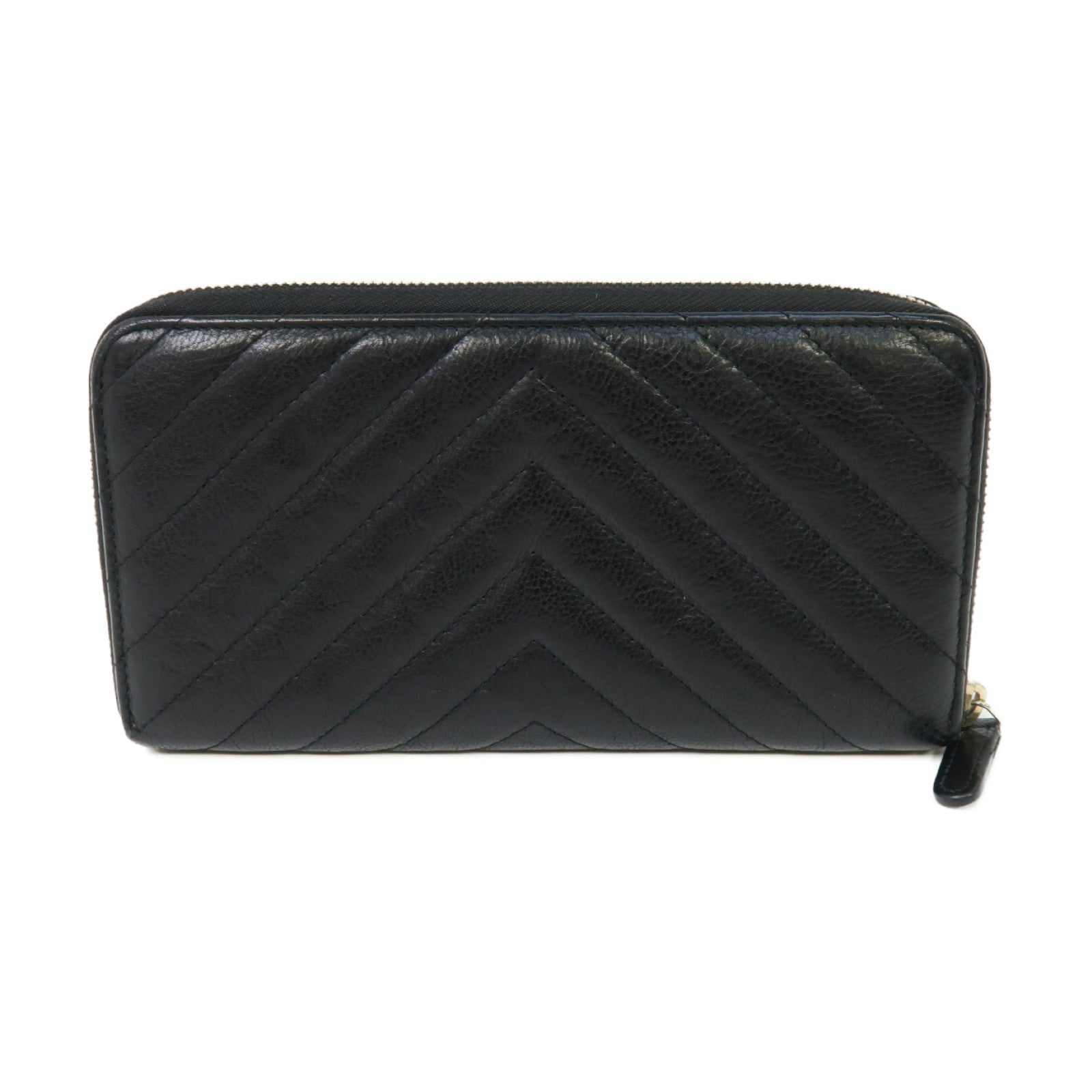 CHANEL 斜紋羊皮皮革Long Wallet金扣長錢包黑色