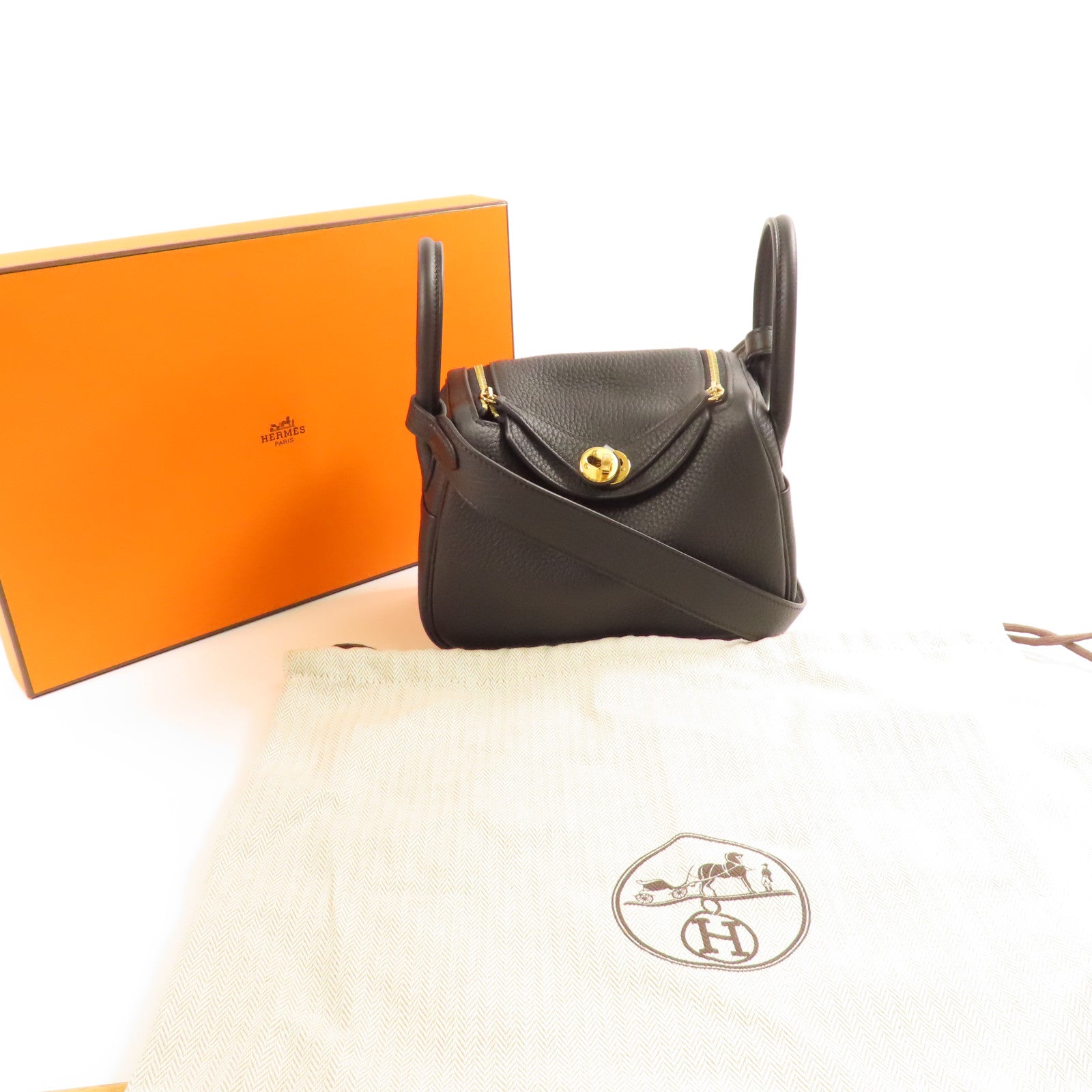 HERMES【激減優惠】 Clemence皮革Mini Lindy金扣手挽肩背兩用袋Noir