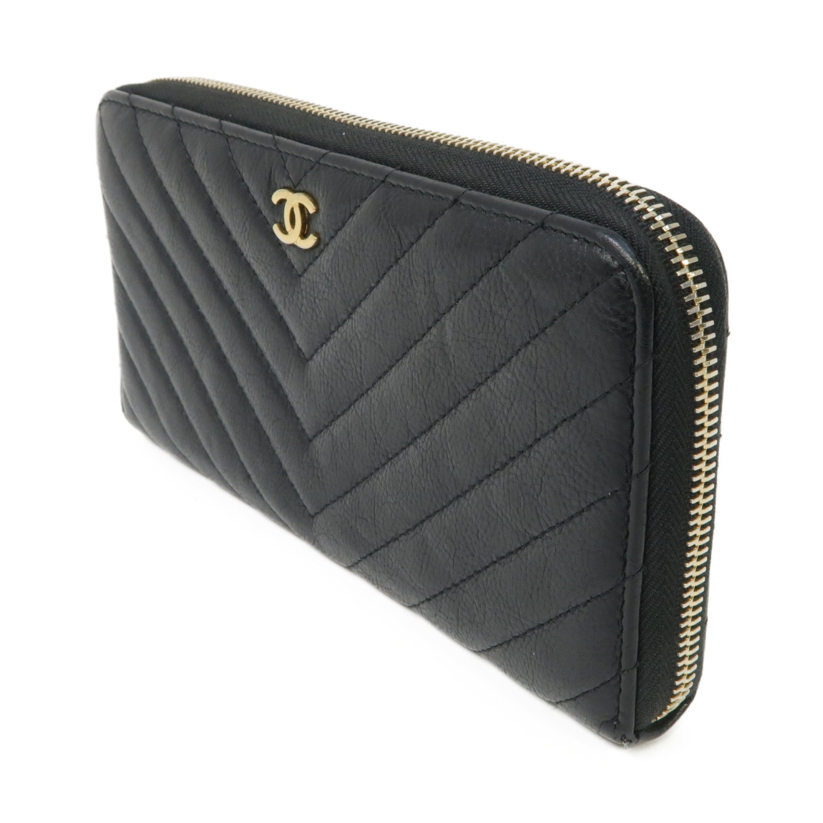 CHANEL 斜紋羊皮皮革Long Wallet金扣長錢包黑色