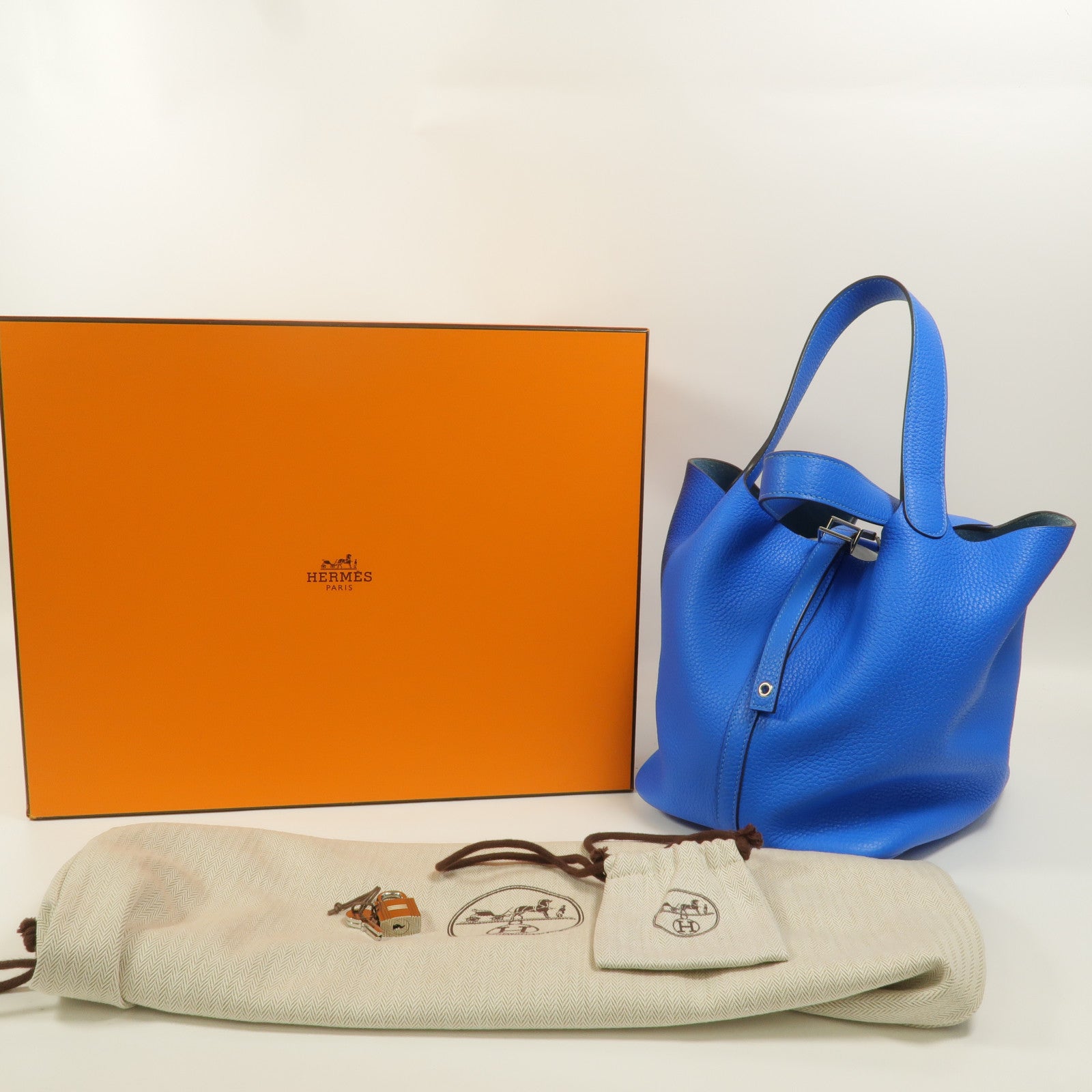HERMES Clemence皮革Picotin MM手挽袋Bleu Hydra