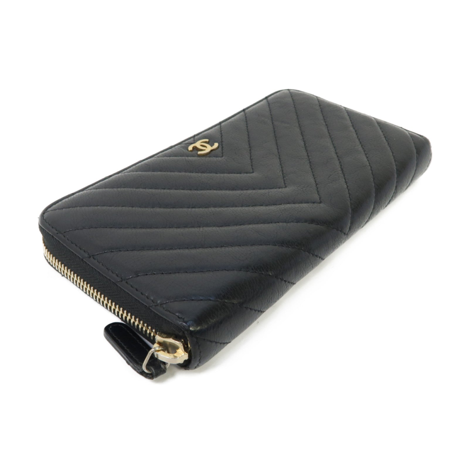 CHANEL 斜紋羊皮皮革Long Wallet金扣長錢包黑色