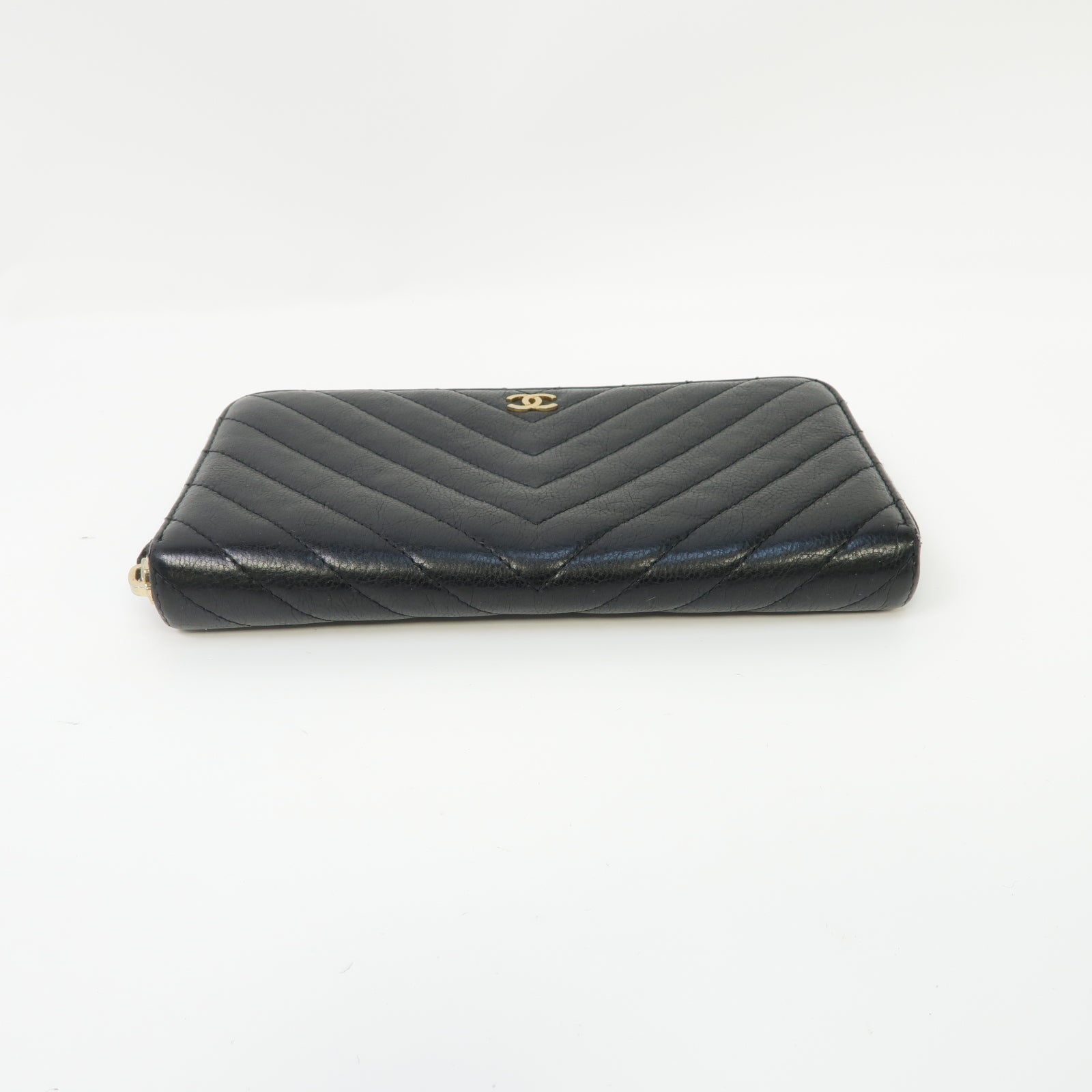 CHANEL 斜紋羊皮皮革Long Wallet金扣長錢包黑色