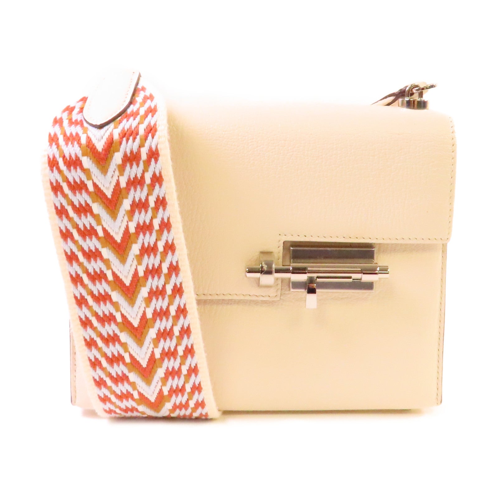 HERMES 【激減優惠】Chevre皮革Mini Verrou Shoulder Bag銀扣肩背袋Nata牛奶色