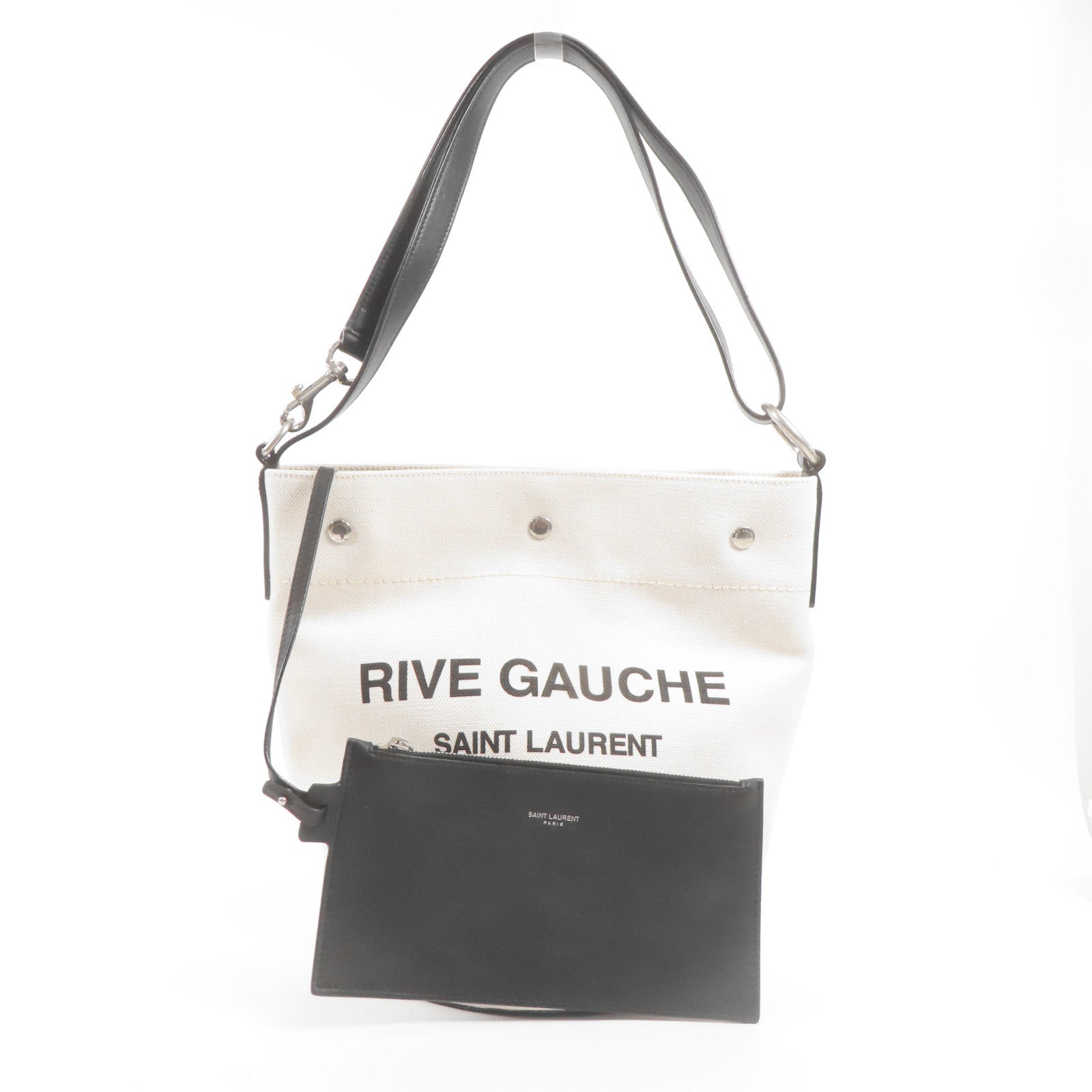SAINT LAURENT 帆布Rive Gauche Bucket Shoulder Bag銀扣肩背袋