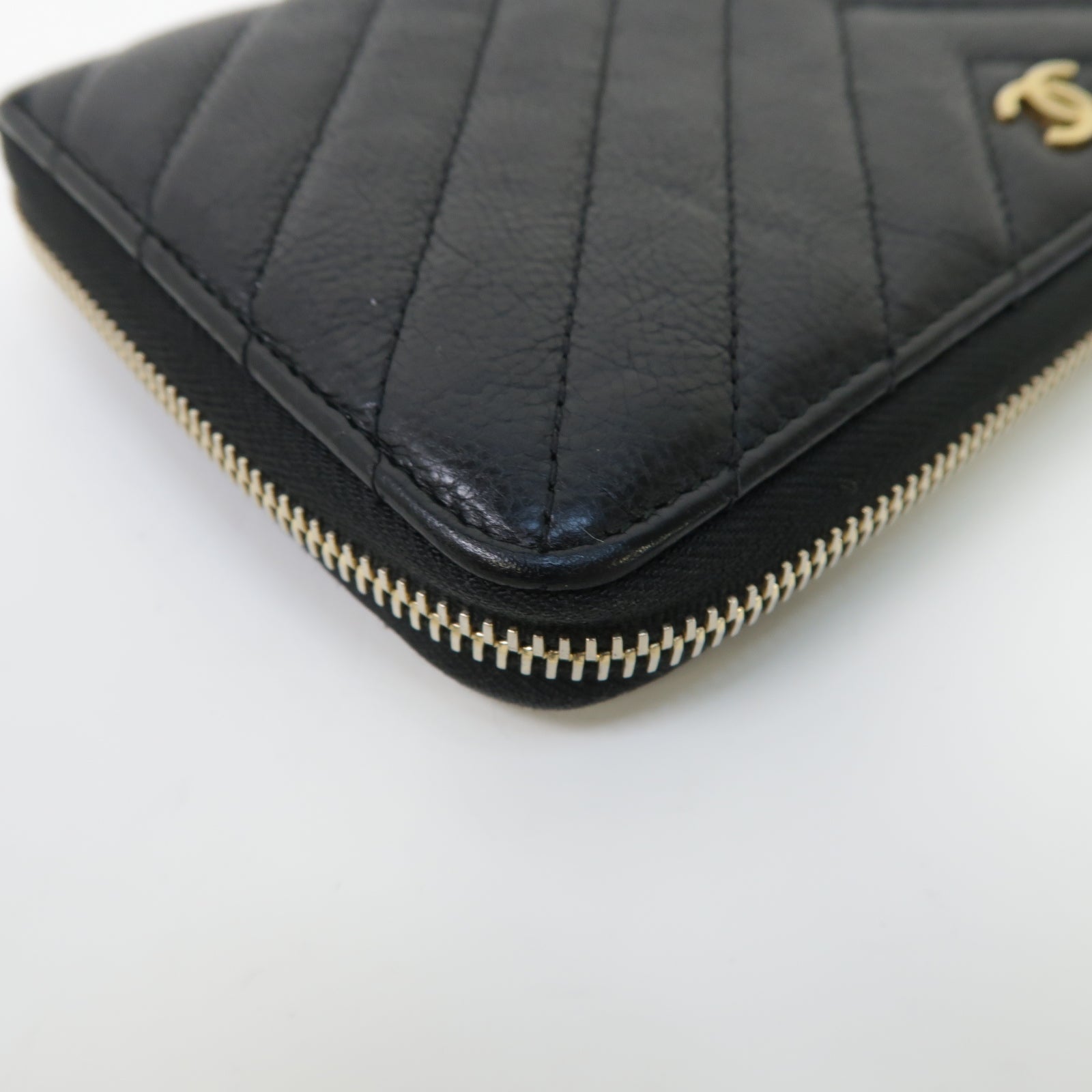 CHANEL 斜紋羊皮皮革Long Wallet金扣長錢包黑色