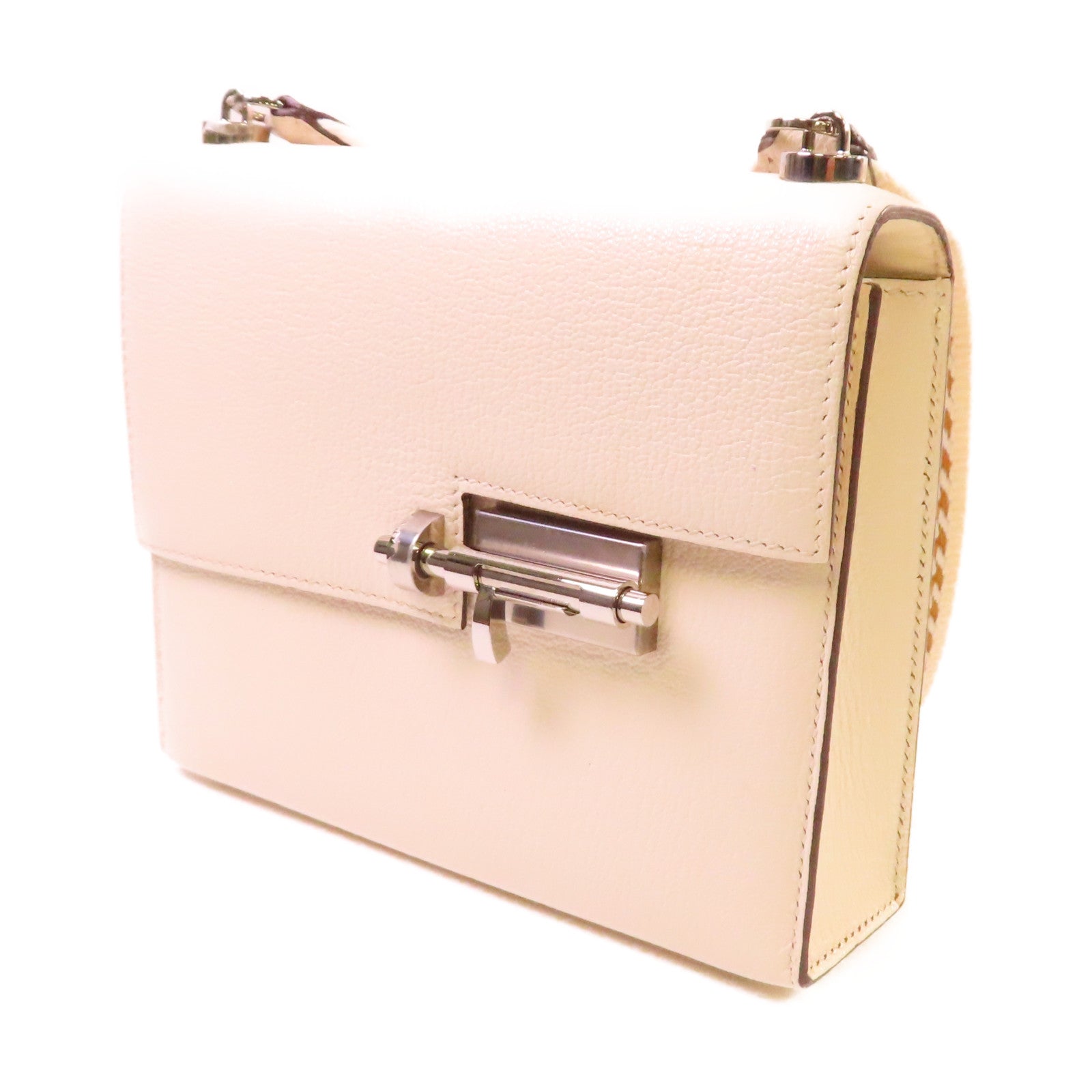 HERMES 【激減優惠】Chevre皮革Mini Verrou Shoulder Bag銀扣肩背袋Nata牛奶色