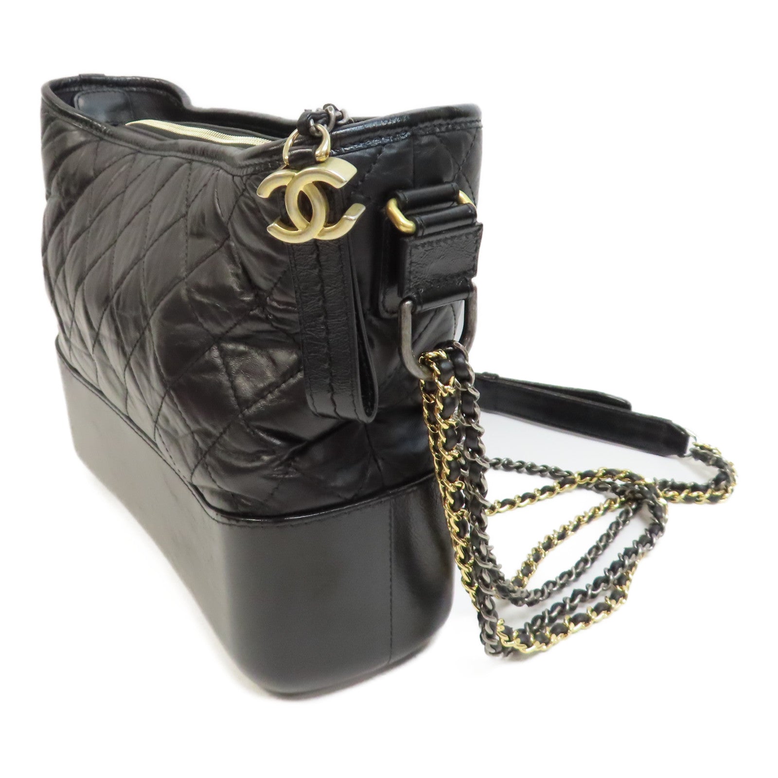 CHANEL 菱格牛皮皮革Gabrielle金/銀扣鏈帶肩背袋黑色