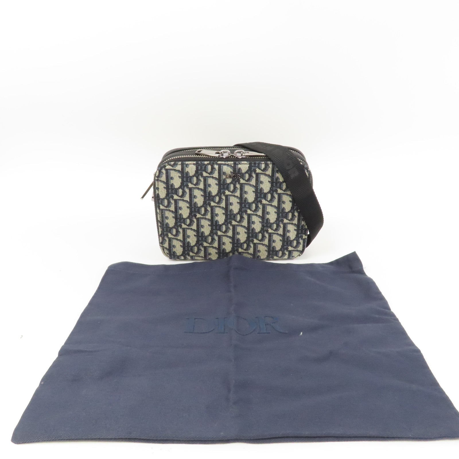 Dior 帆布Oblique Camera Bag銀扣肩背袋藍色