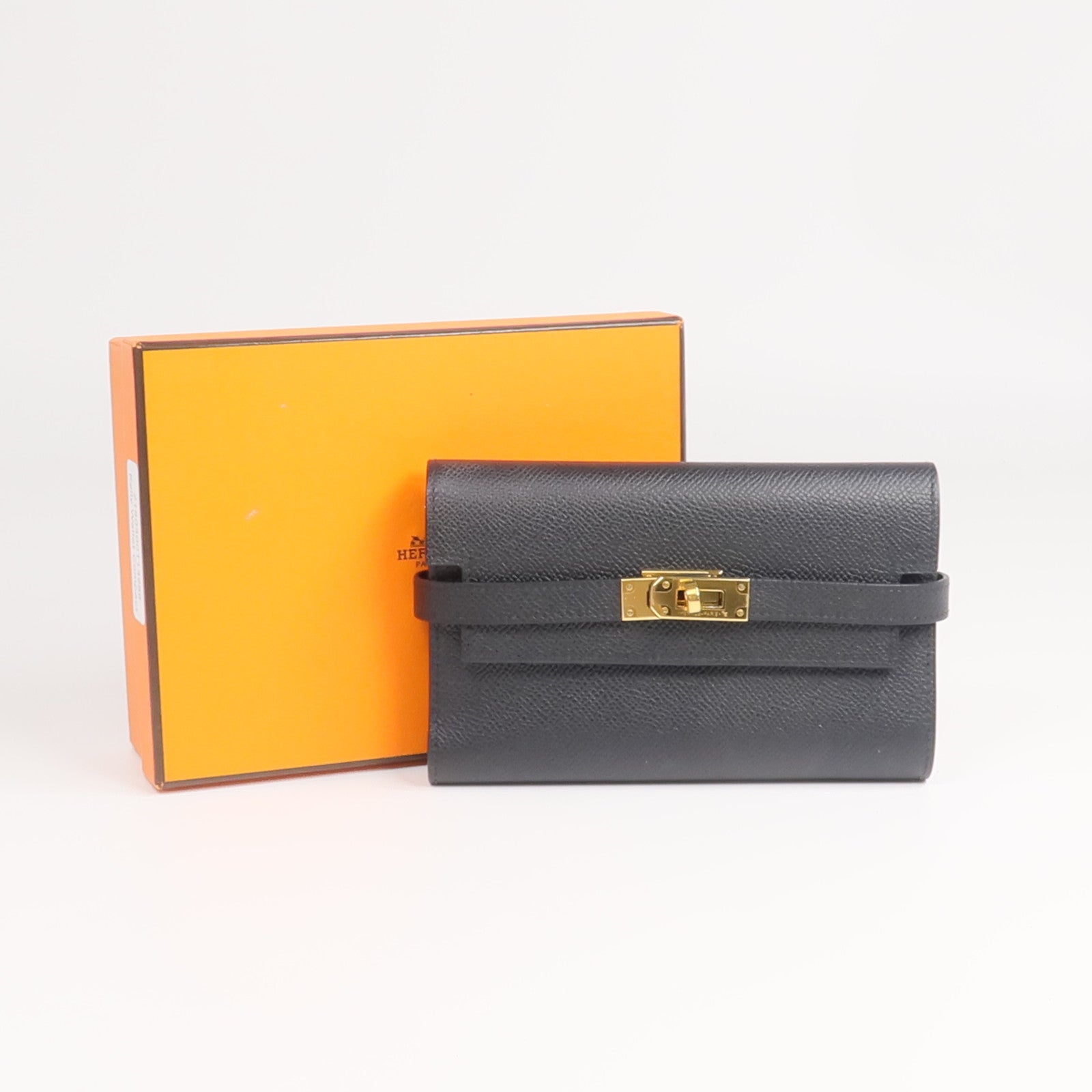 HERMES Epsom皮革Kelly Compact Wallet金扣錢包Noir
