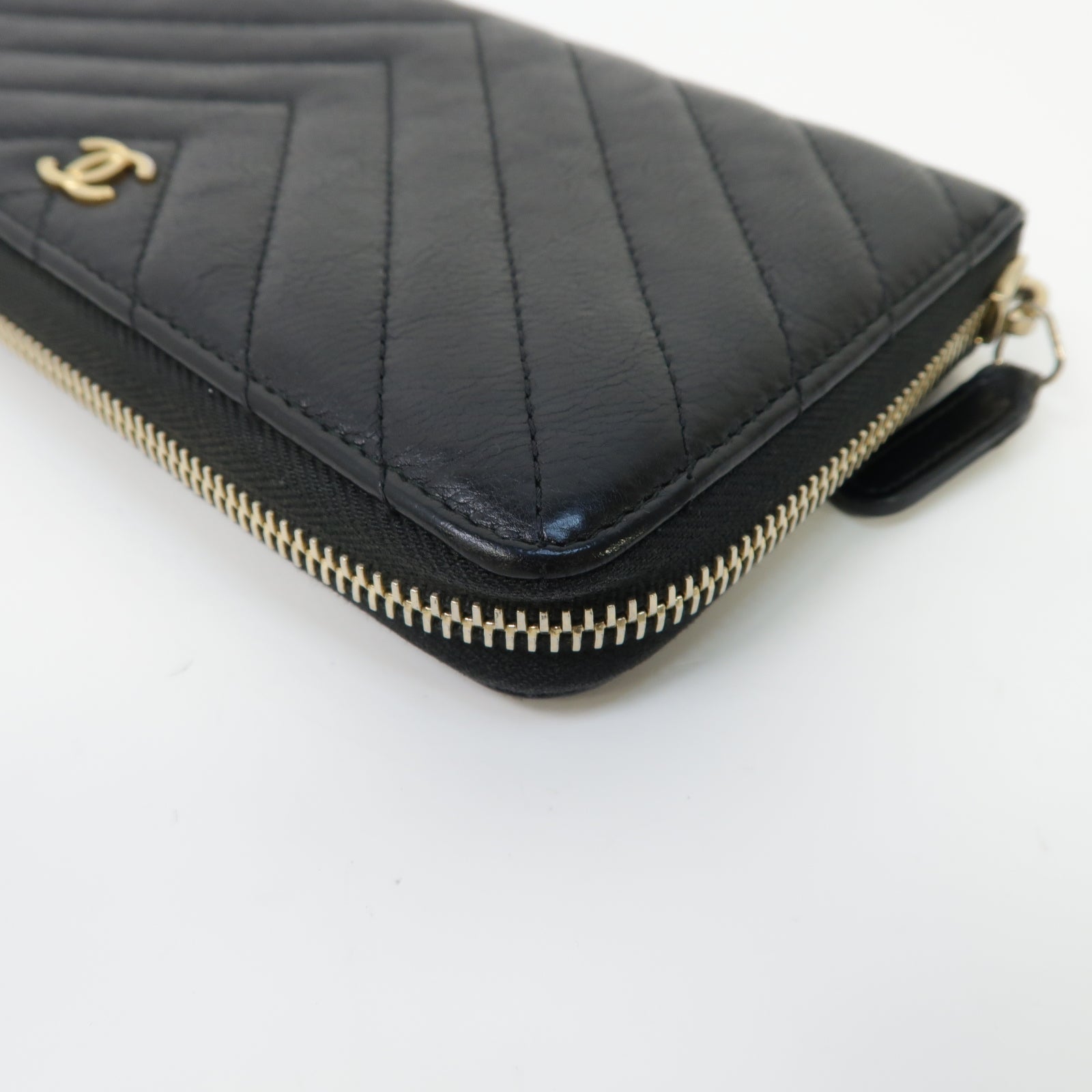 CHANEL 斜紋羊皮皮革Long Wallet金扣長錢包黑色