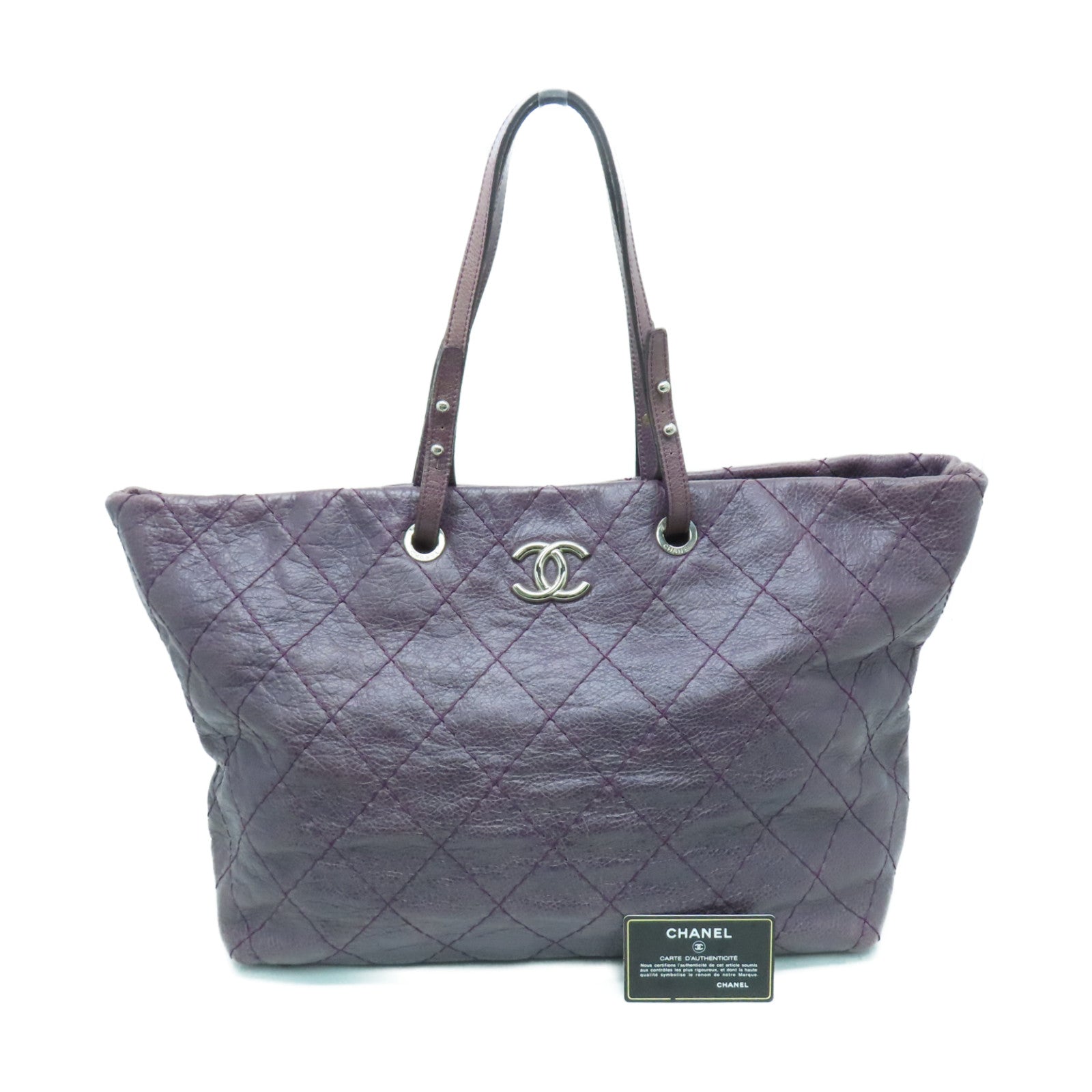 CHANEL 【清倉大減價】菱格牛皮皮革Tote Bag銀扣手挽袋紫色