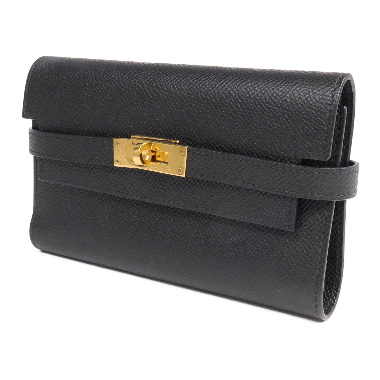 HERMES Epsom皮革Kelly Compact Wallet金扣錢包Noir