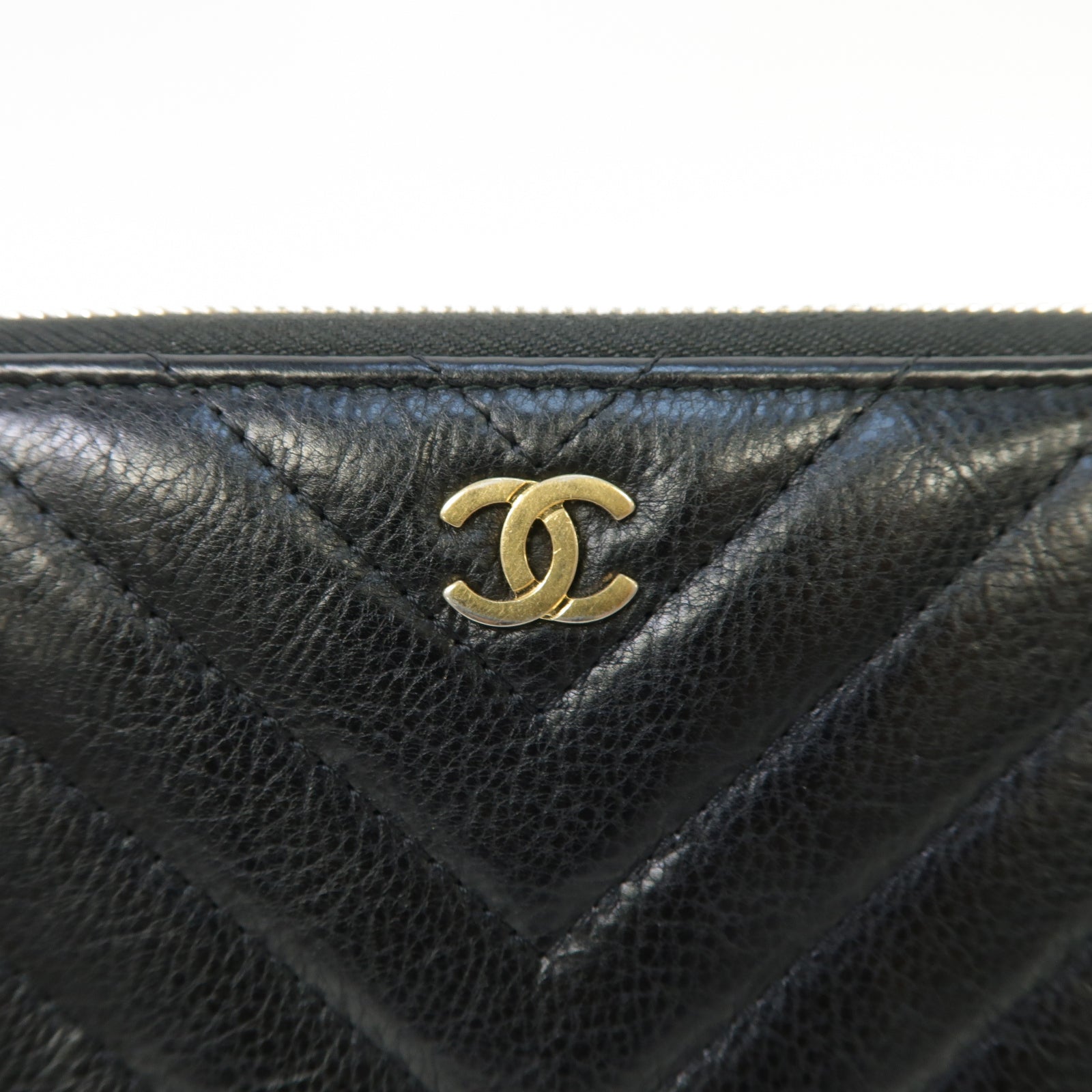 CHANEL 斜紋羊皮皮革Long Wallet金扣長錢包黑色
