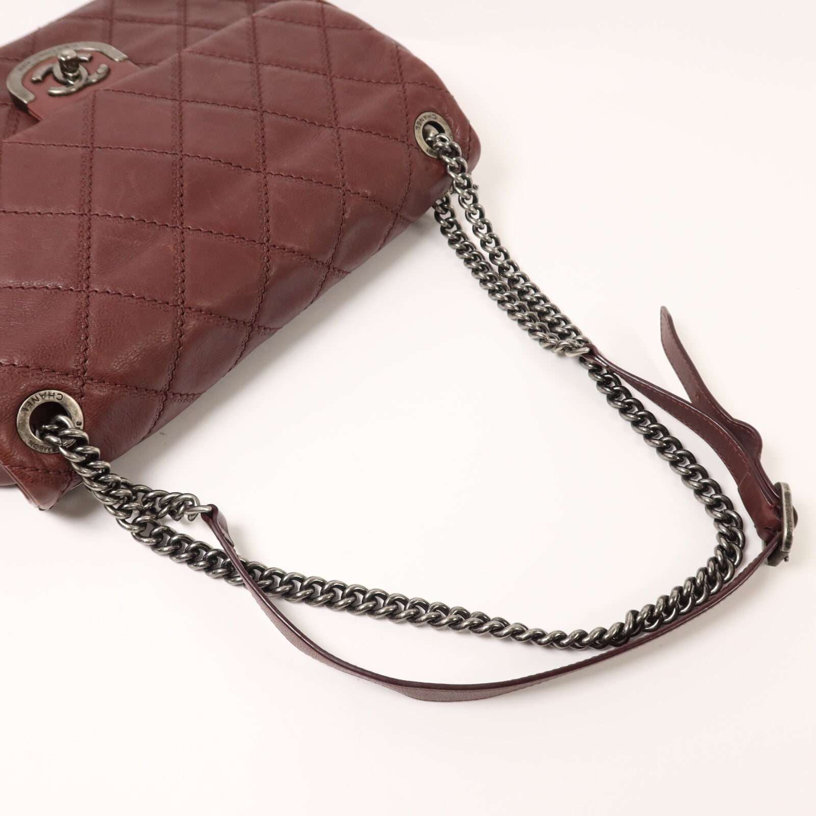 CHANEL 牛皮皮革Chain Shoulder銀扣鏈帶肩背袋