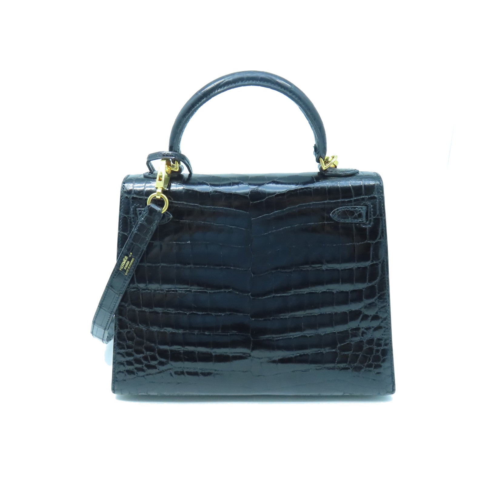 HERMES crocodile leather Kelly 25 gold buckle handle shoulder bag black