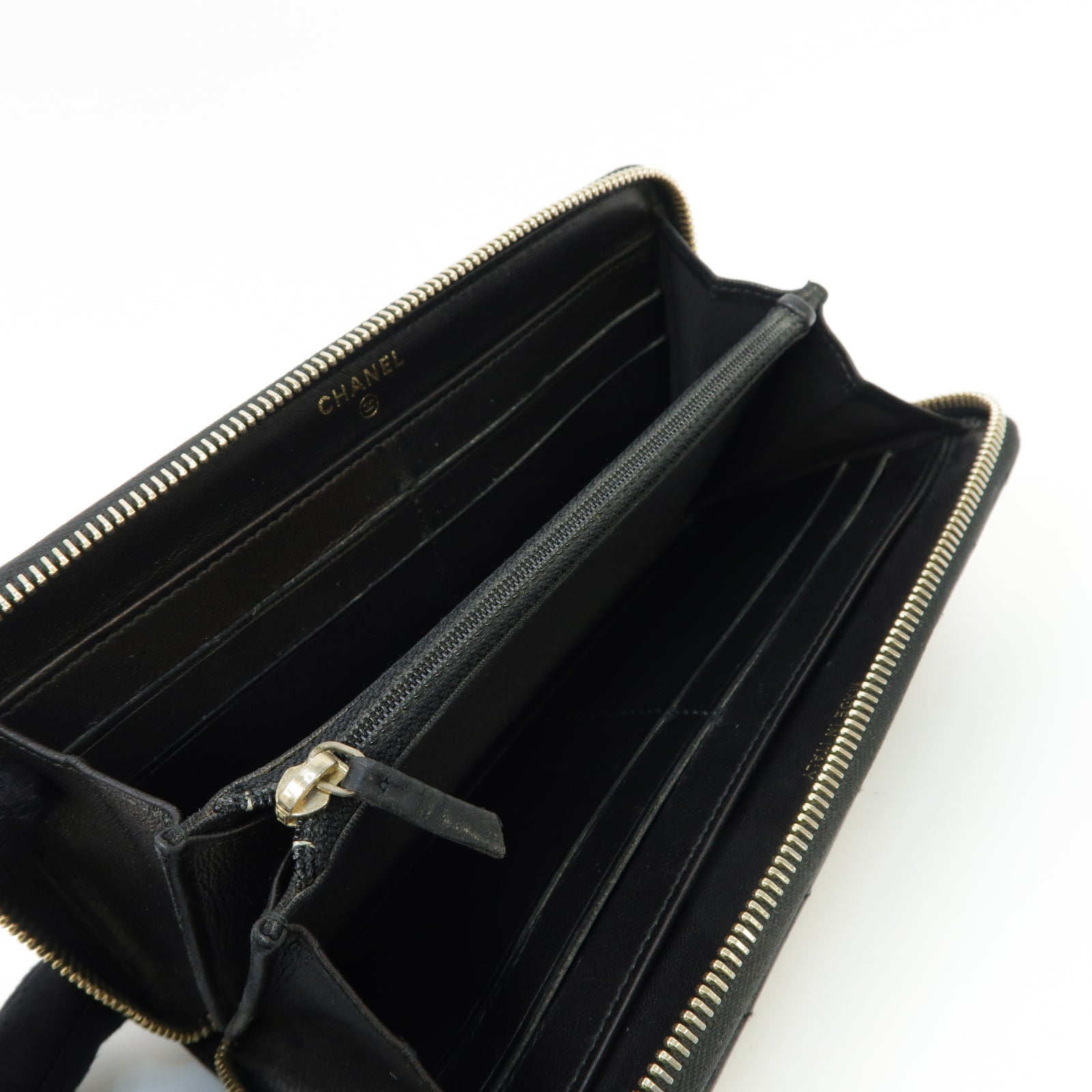 CHANEL 斜紋羊皮皮革Long Wallet金扣長錢包黑色