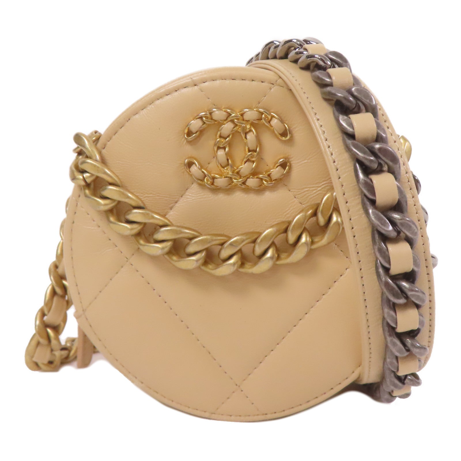 CHANEL 羊皮皮革Round Clutch 19手挽肩背兩用袋米色