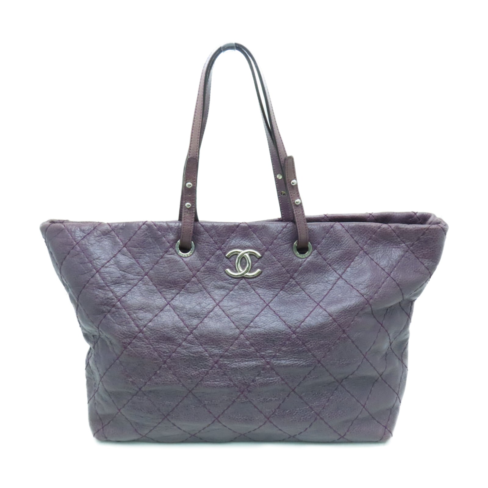 CHANEL 【清倉大減價】菱格牛皮皮革Tote Bag銀扣手挽袋紫色