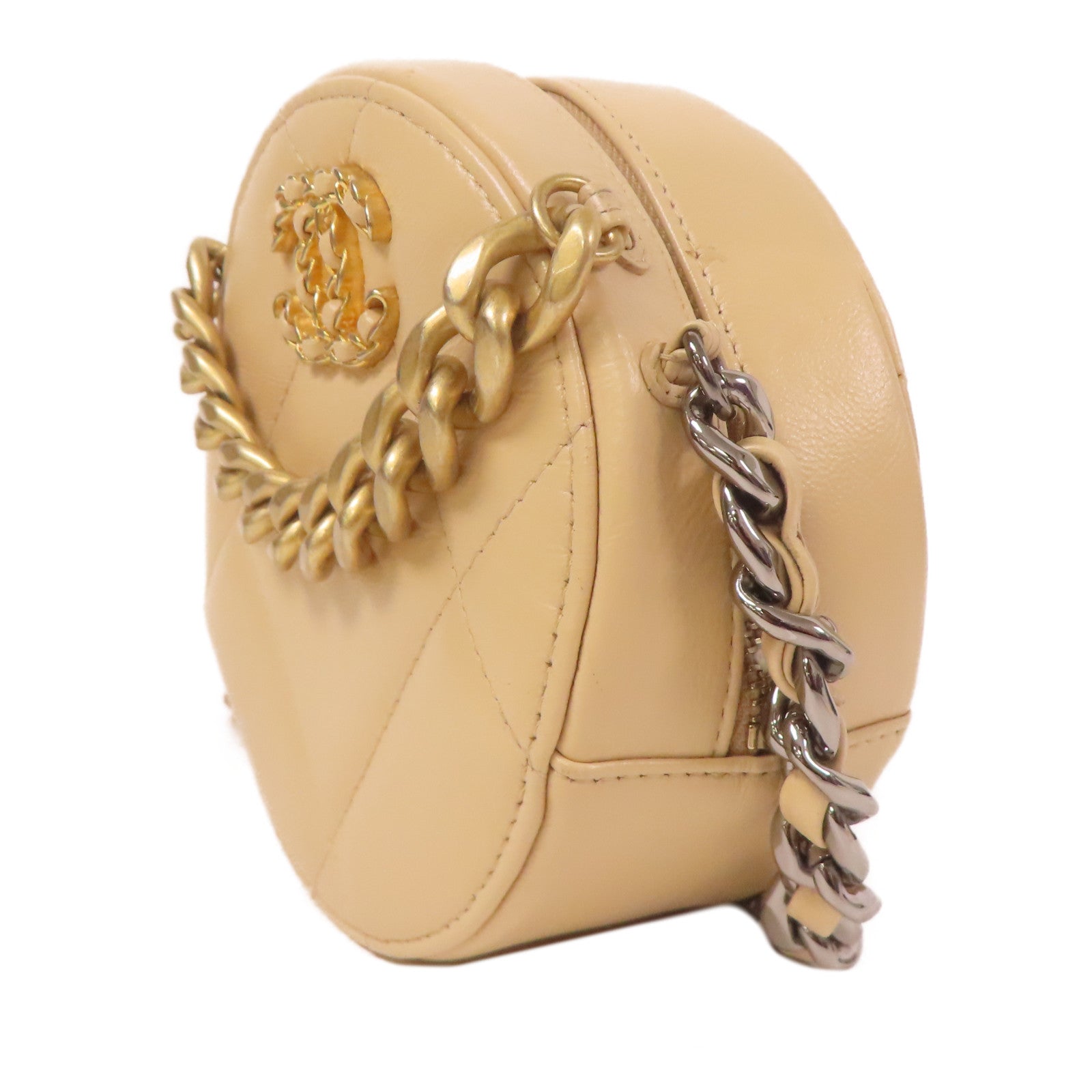 CHANEL 羊皮皮革Round Clutch 19手挽肩背兩用袋米色