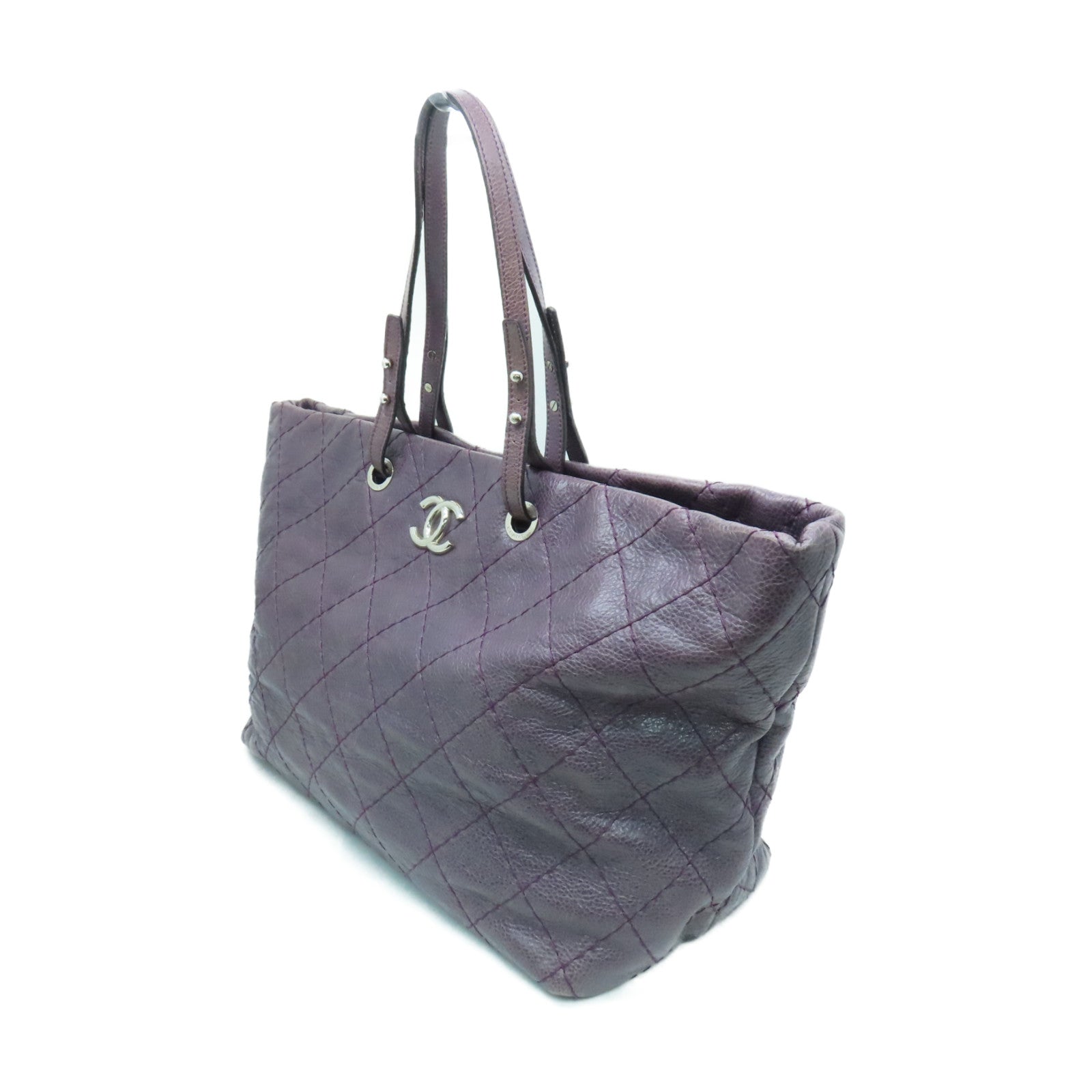 CHANEL 【清倉大減價】菱格牛皮皮革Tote Bag銀扣手挽袋紫色