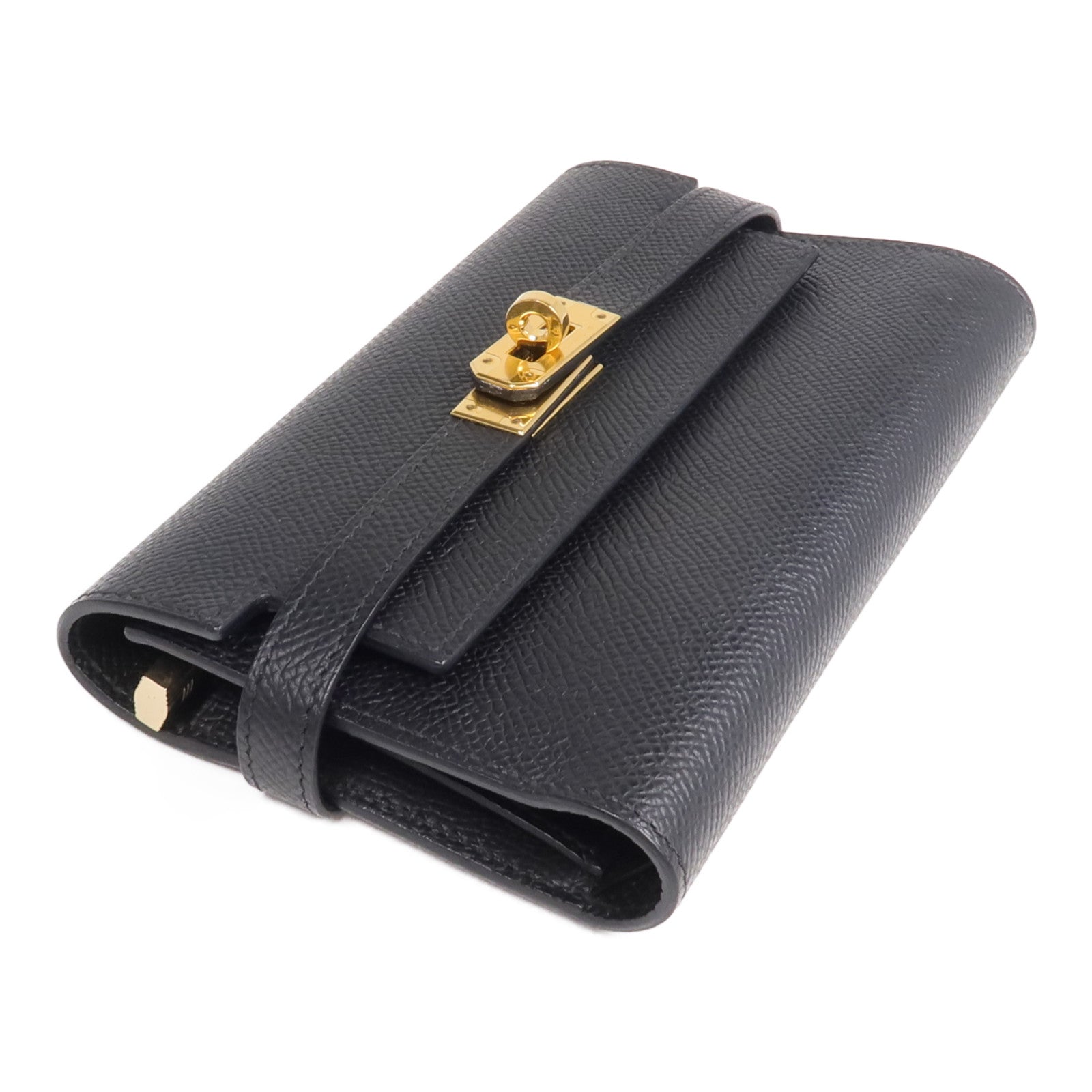 HERMES Epsom皮革Kelly Compact Wallet金扣錢包Noir