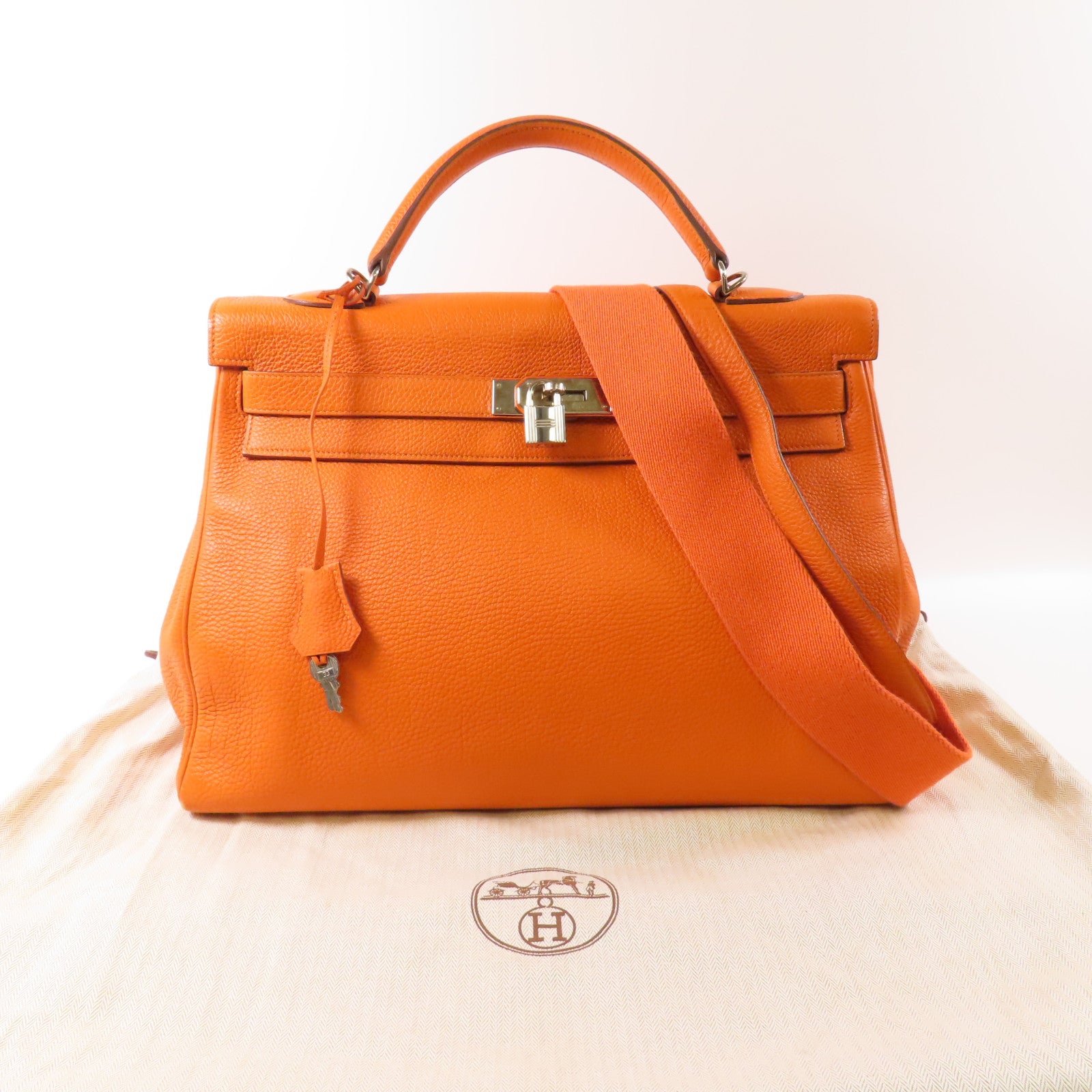 HERMES Togo皮革Kelly40銀扣手挽肩背兩用袋Orange