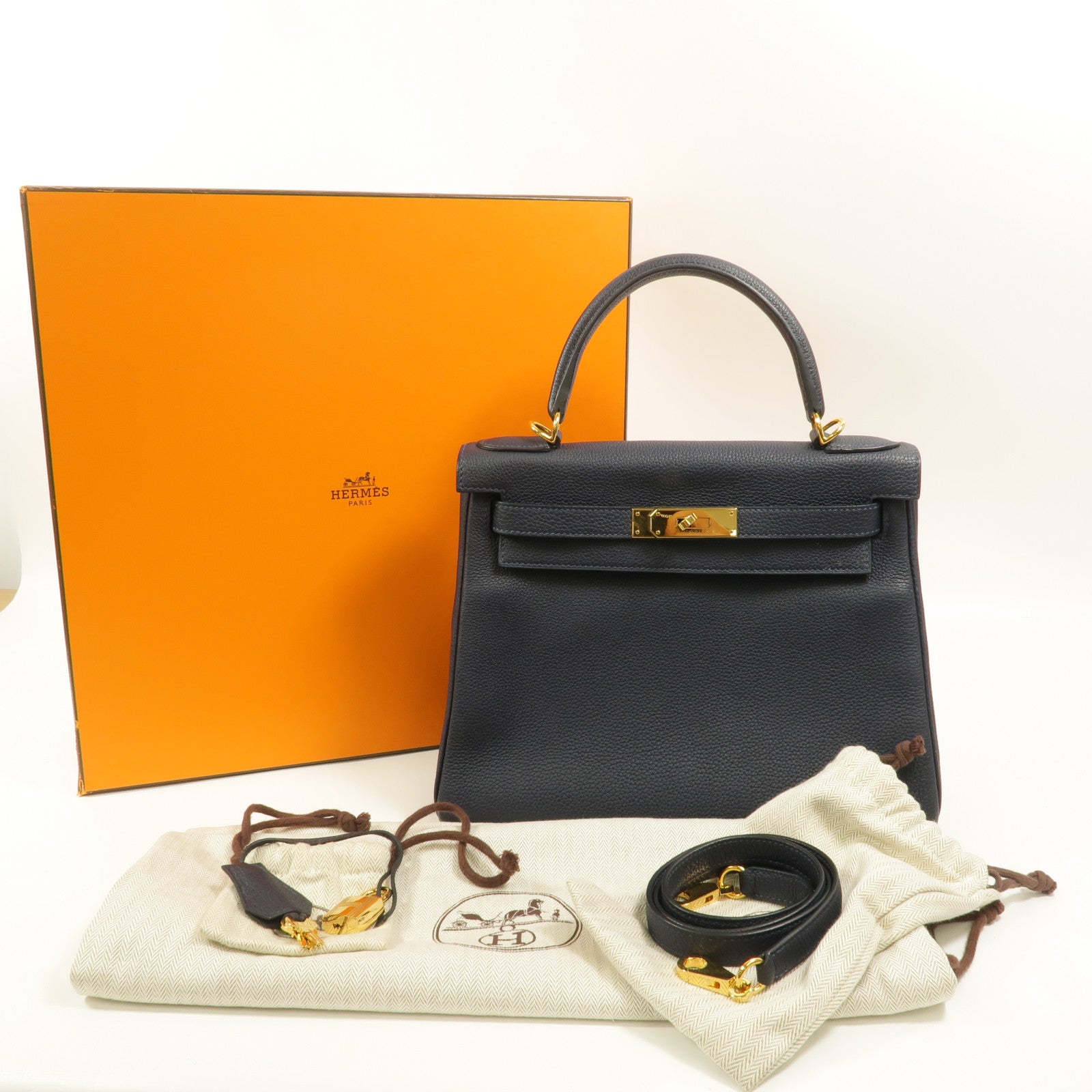 HERMES Togo皮革Kelly 28手挽肩背兩用袋Bleu Nuit