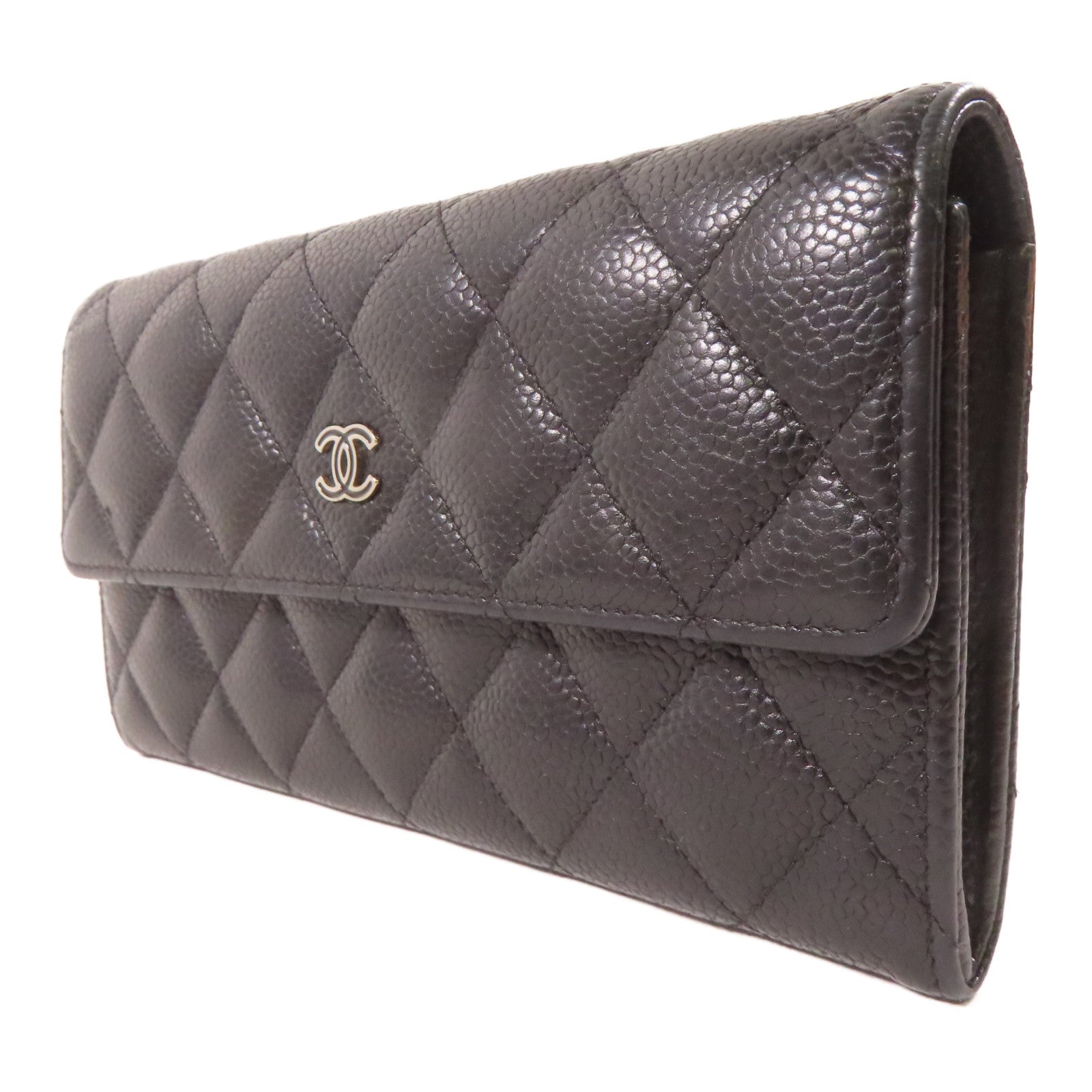 CHANEL 菱格牛皮皮革Long Wallet銀扣長錢包黑色