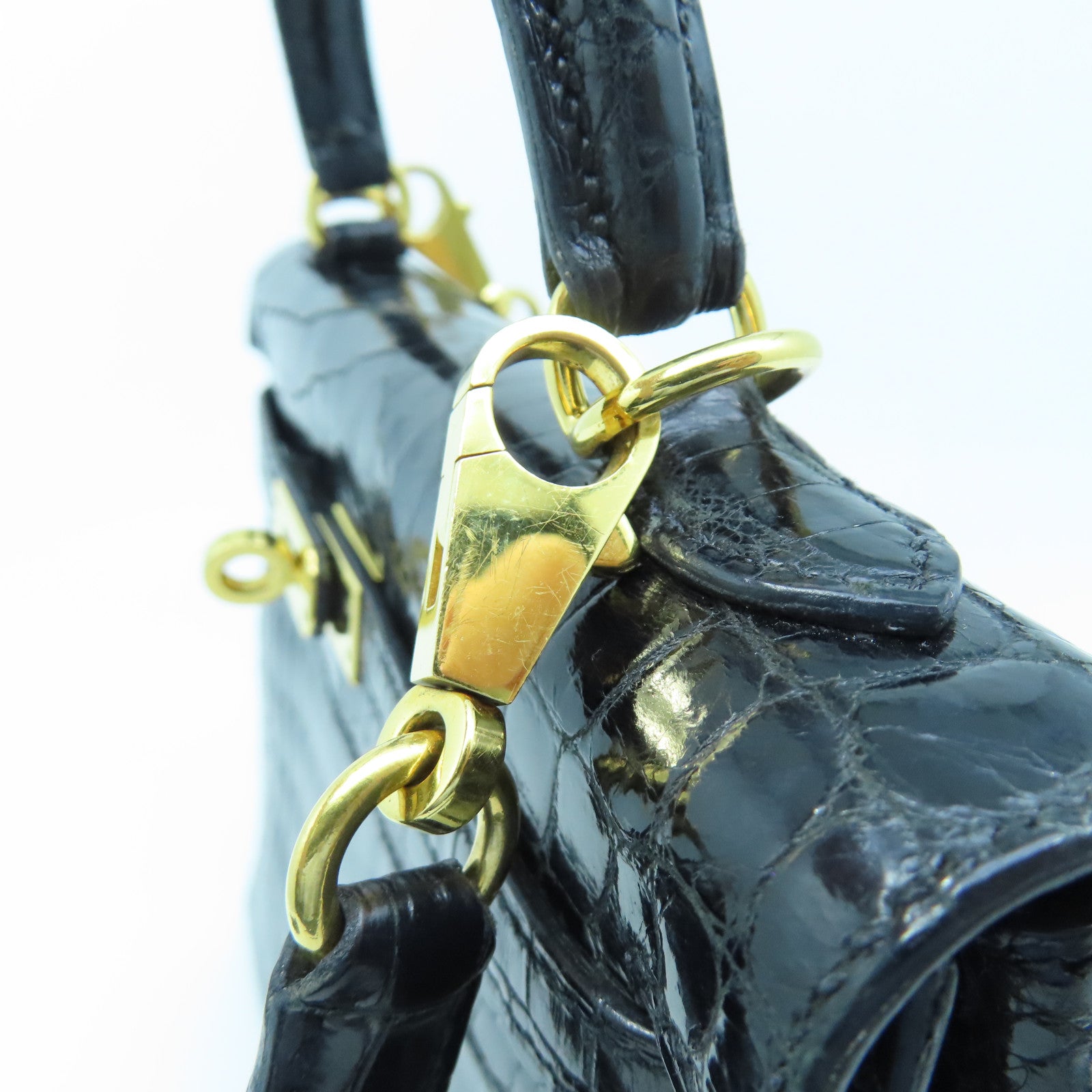 HERMES crocodile leather Kelly 25 gold buckle handle shoulder bag black
