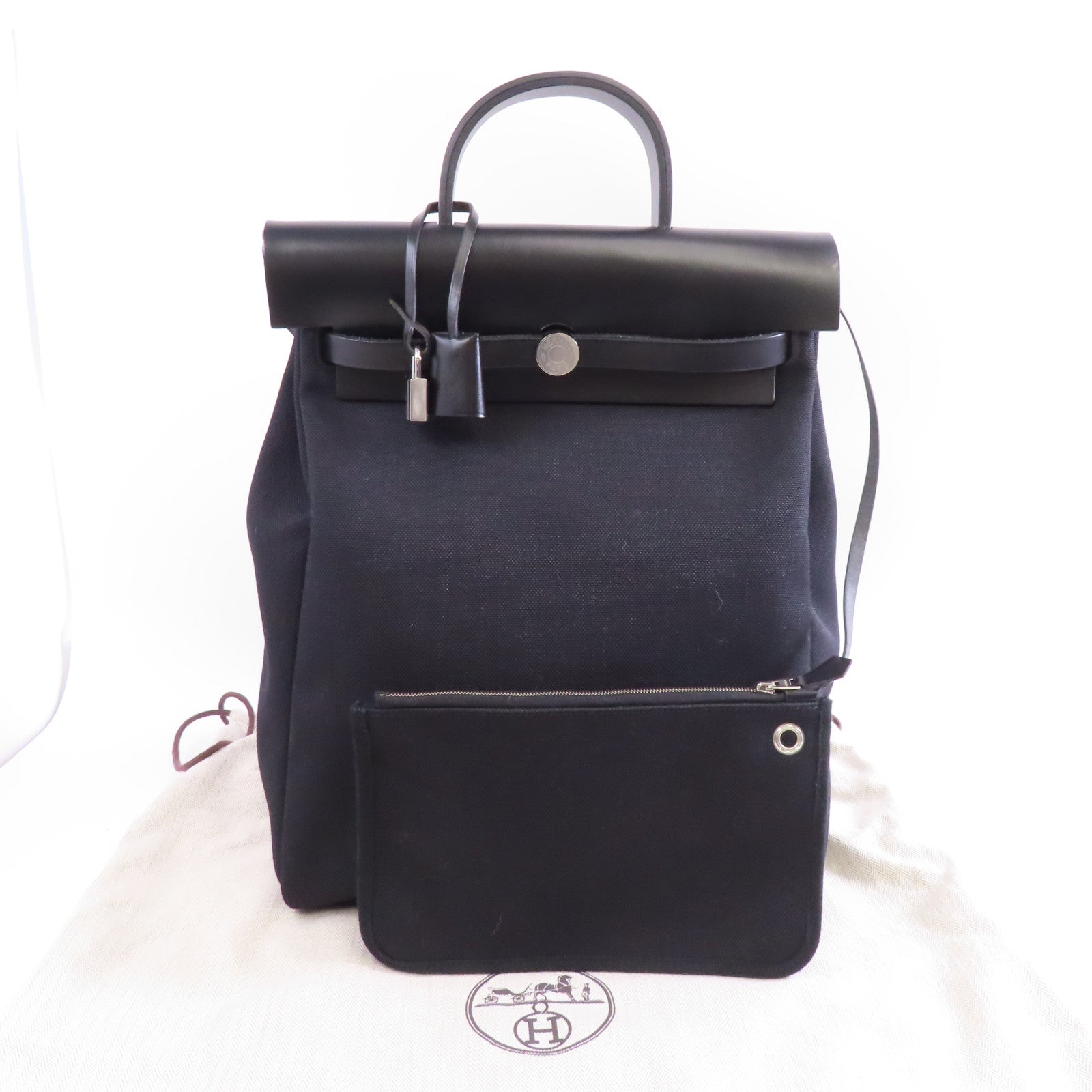 HERMES 帆布/皮革Herbag Backpack 銀扣背包黑色