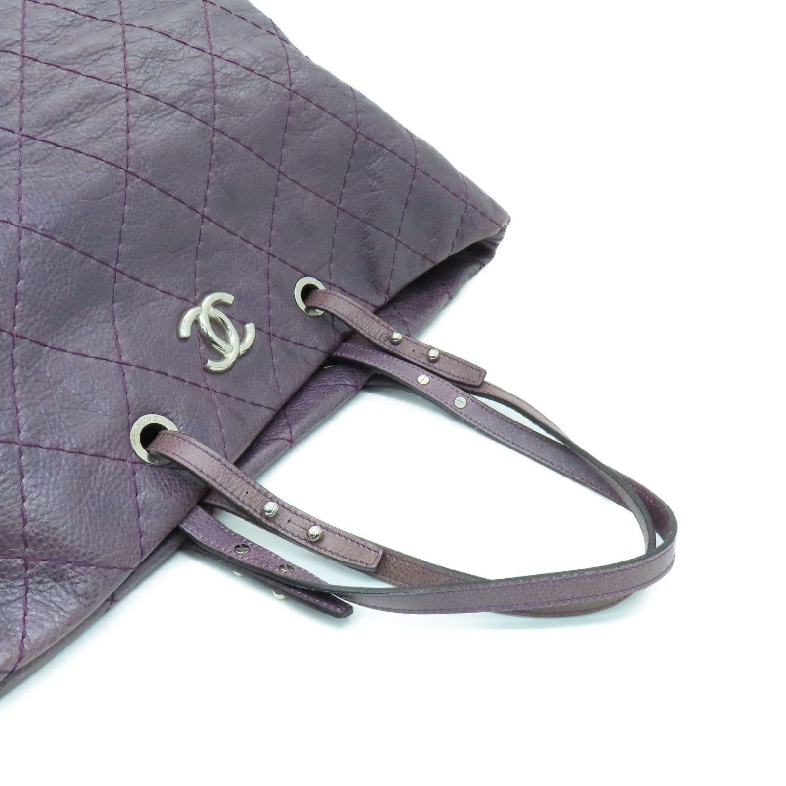 CHANEL 【清倉大減價】菱格牛皮皮革Tote Bag銀扣手挽袋紫色