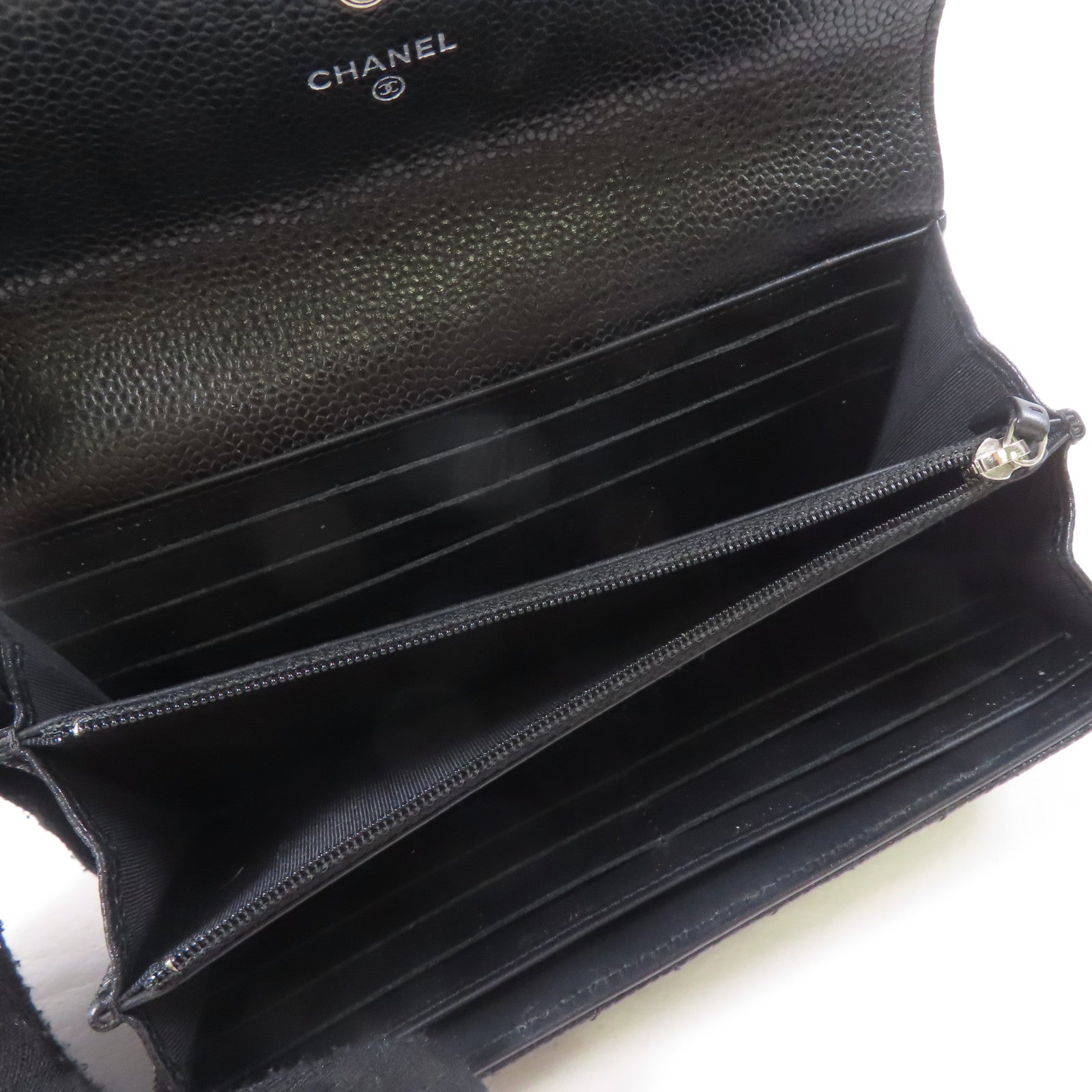 CHANEL 菱格牛皮皮革Long Wallet銀扣長錢包黑色