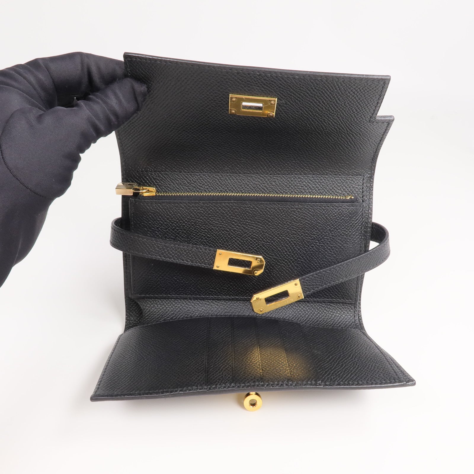HERMES Epsom皮革Kelly Compact Wallet金扣錢包Noir