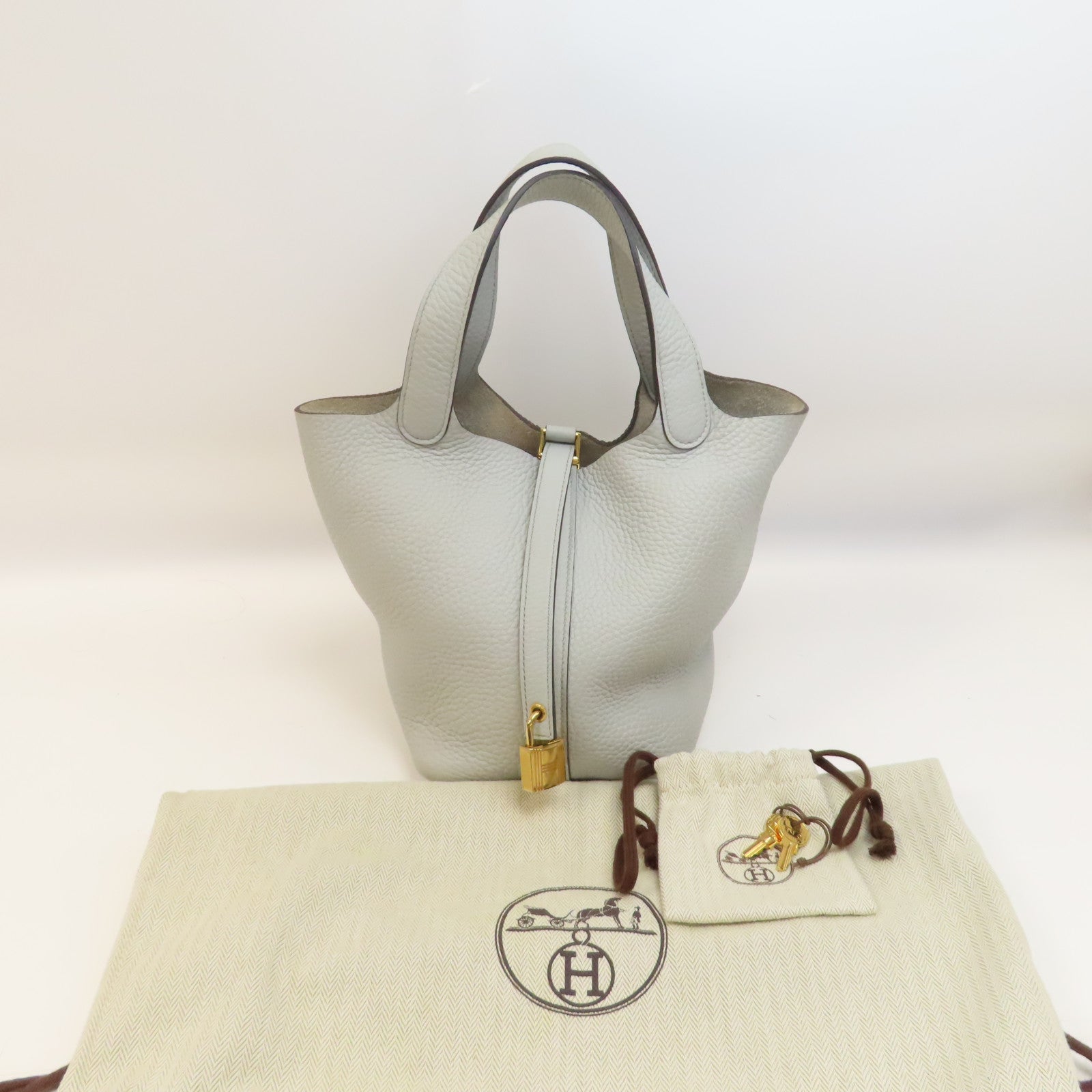 HERMES Clemence皮革Picotin PM金扣手挽袋Blue Pale/淺藍色