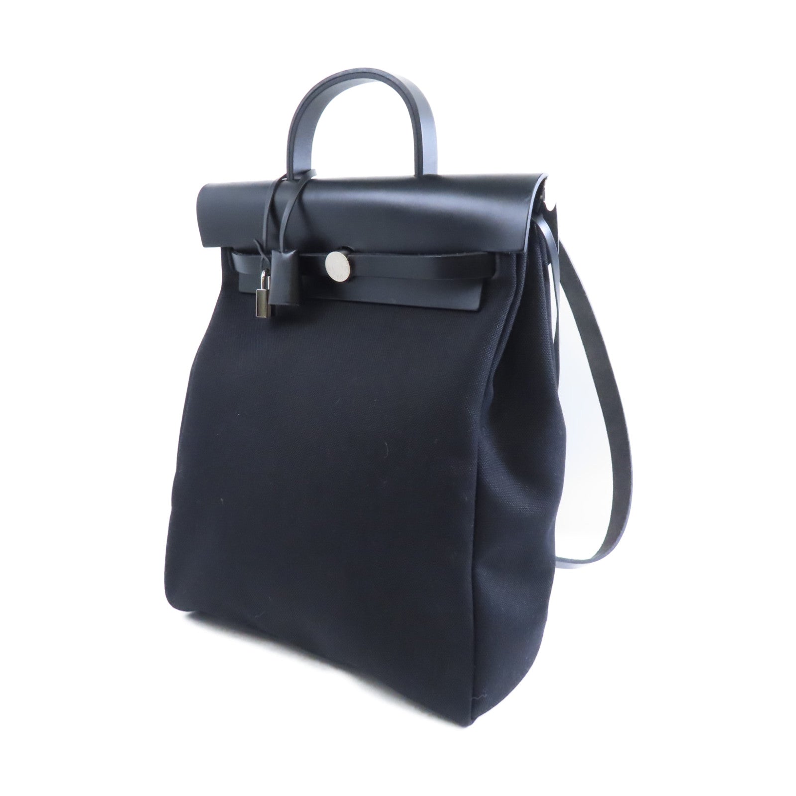 HERMES 帆布/皮革Herbag Backpack 銀扣背包黑色