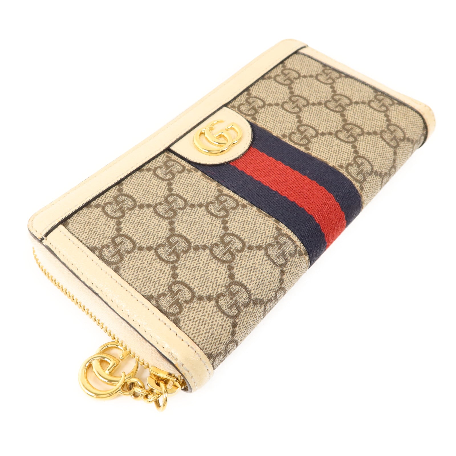 GUCCI 塗層帆布/牛皮皮革Zipper Long Wallet金扣拉鏈長錢包