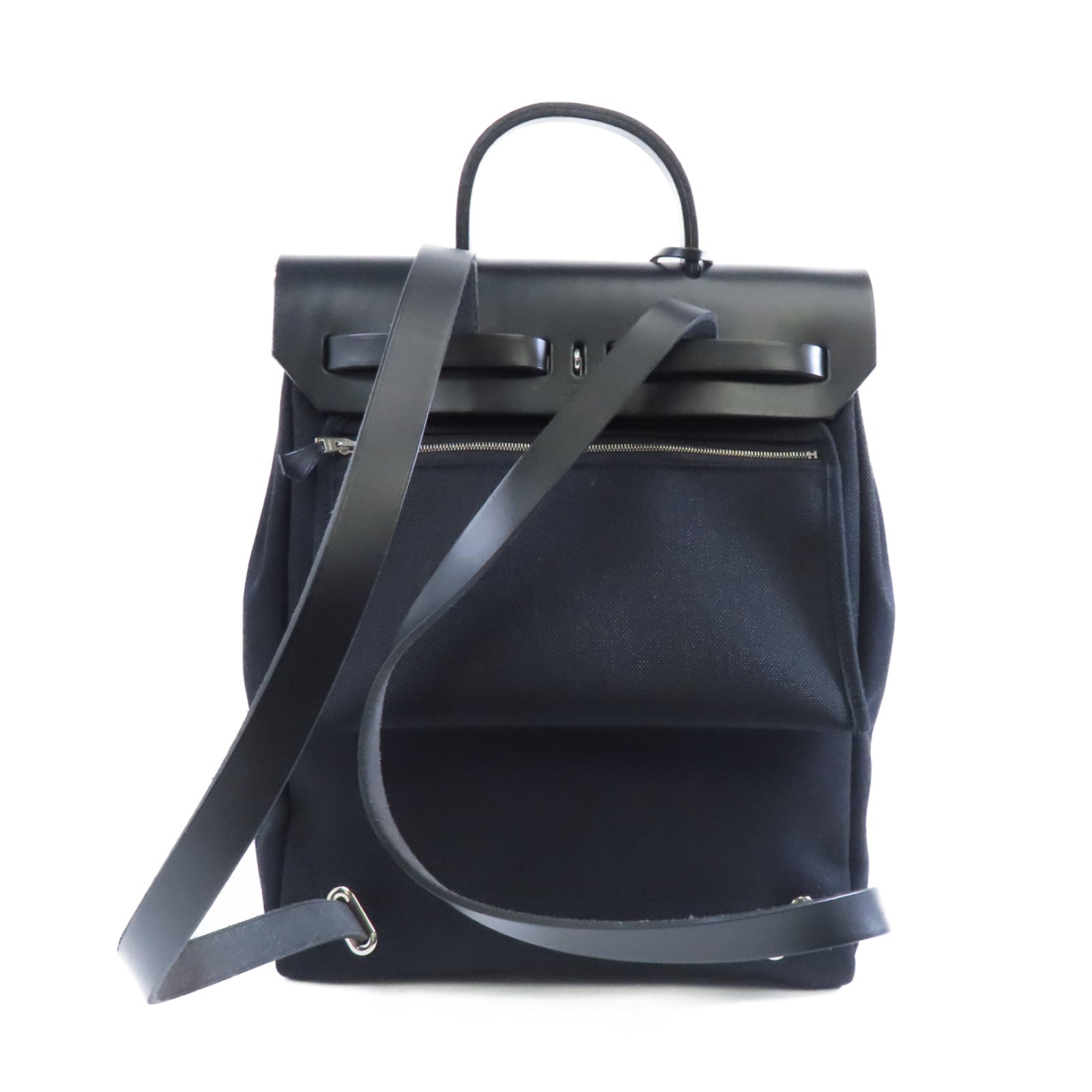 HERMES 帆布/皮革Herbag Backpack 銀扣背包黑色