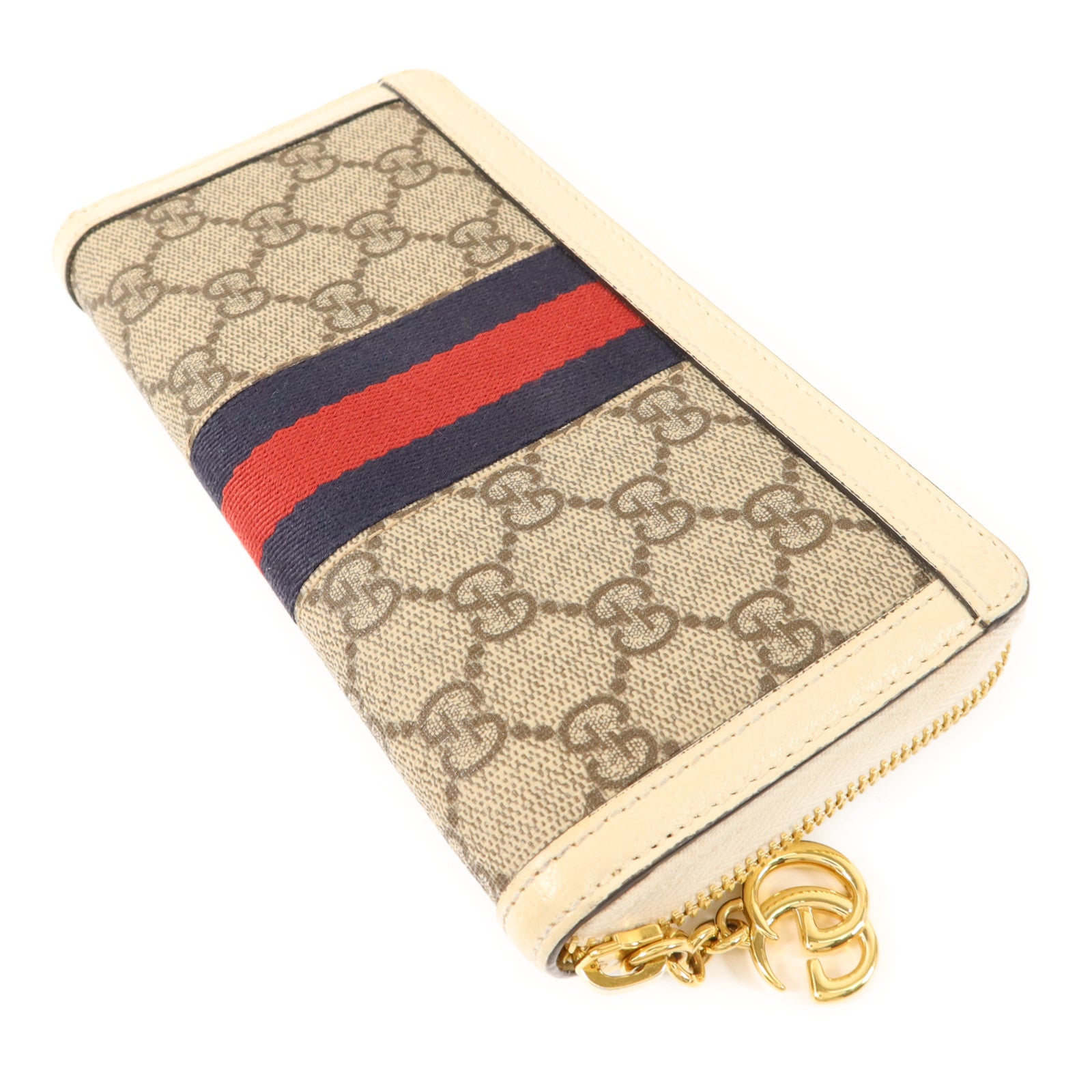 GUCCI 塗層帆布/牛皮皮革Zipper Long Wallet金扣拉鏈長錢包