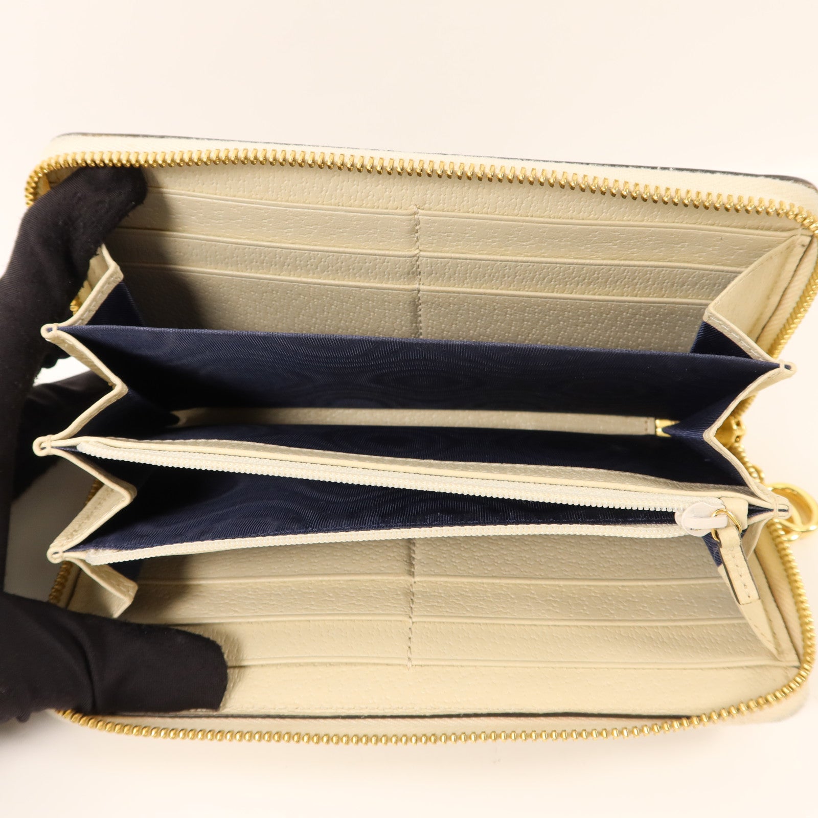 GUCCI 塗層帆布/牛皮皮革Zipper Long Wallet金扣拉鏈長錢包