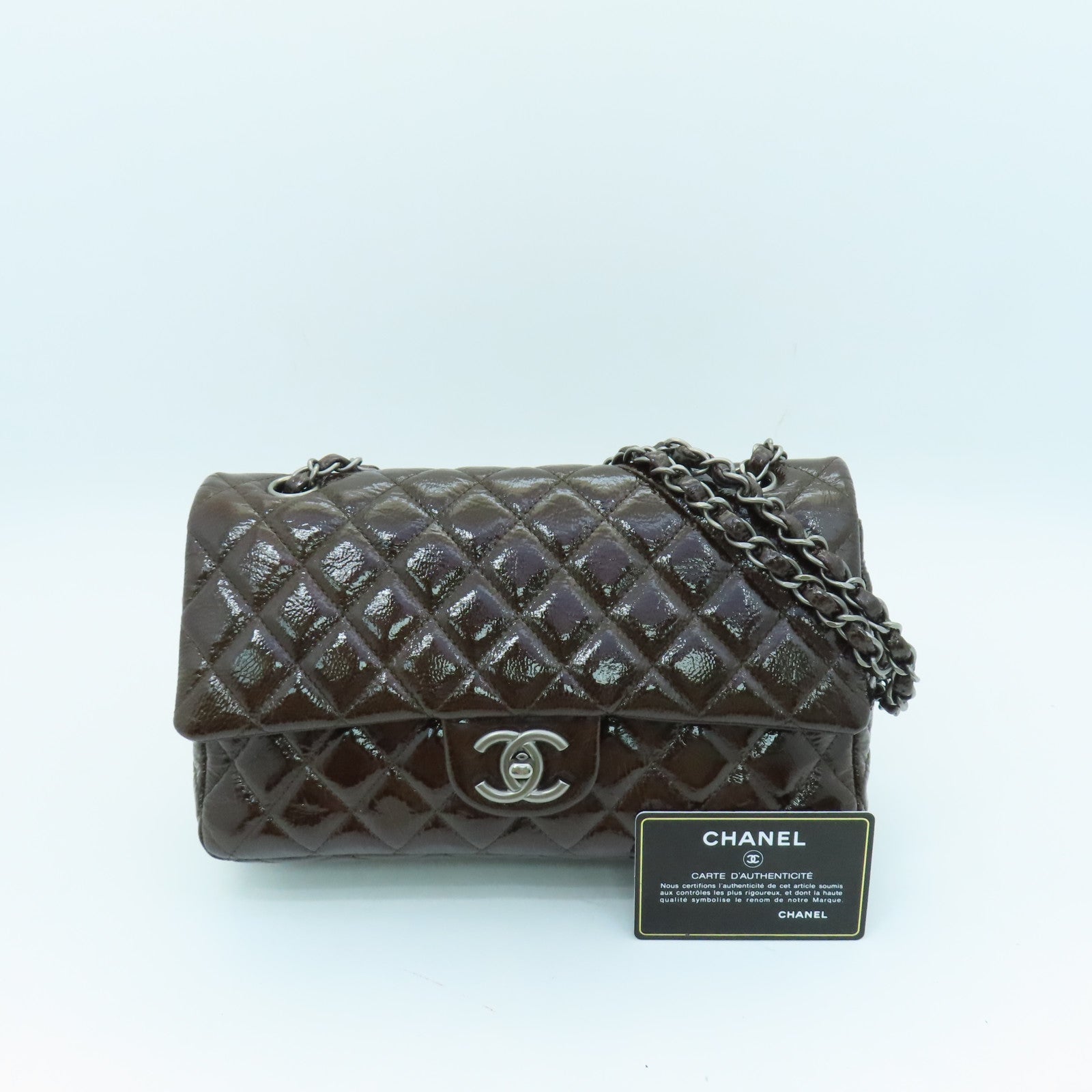 CHANEL rhombic patent leather Classic Bag silver buckle chain shoulder bag brown