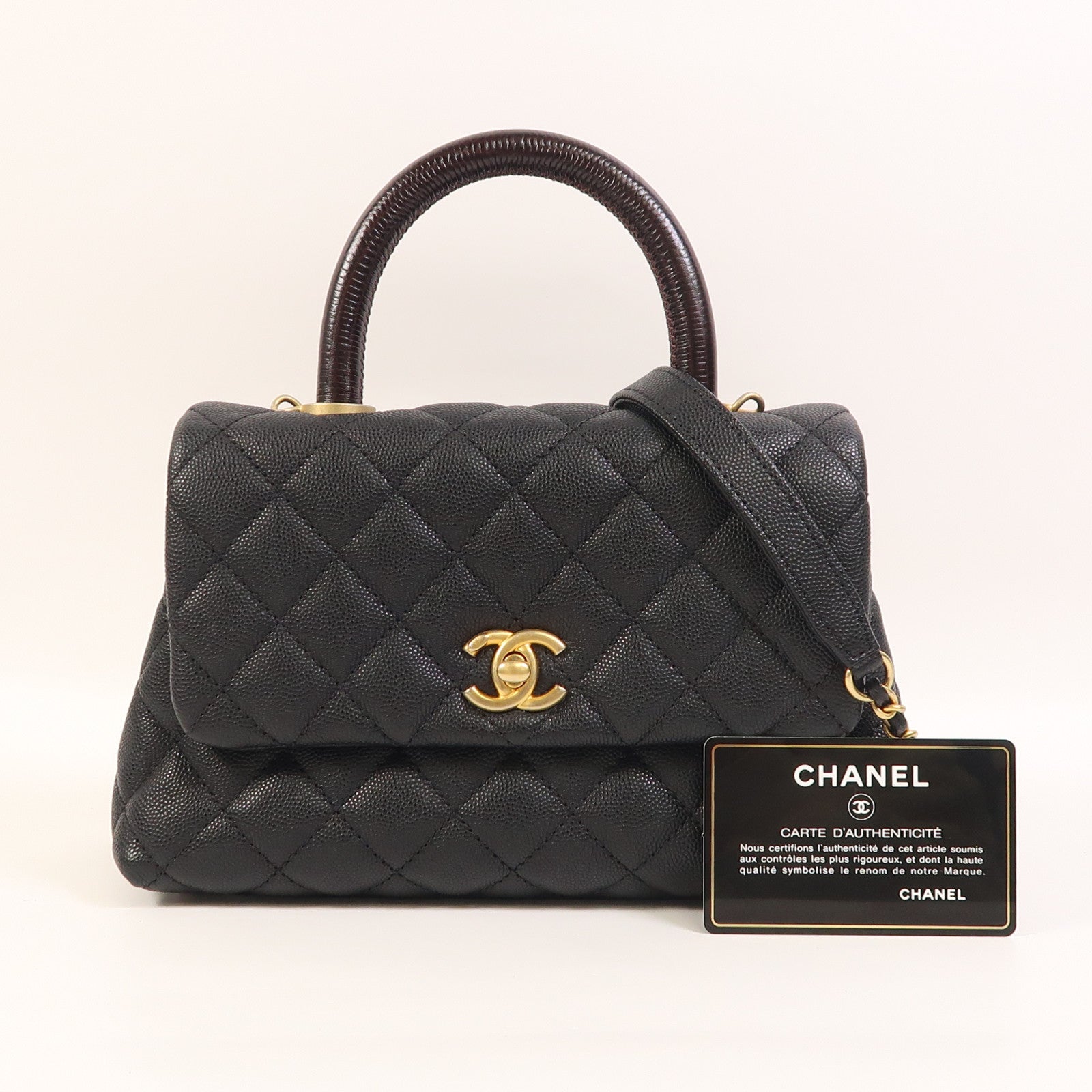 CHANEL 牛皮皮革/蜥蝪皮革Coco Handle Small金扣鏈帶手挽肩背兩用袋