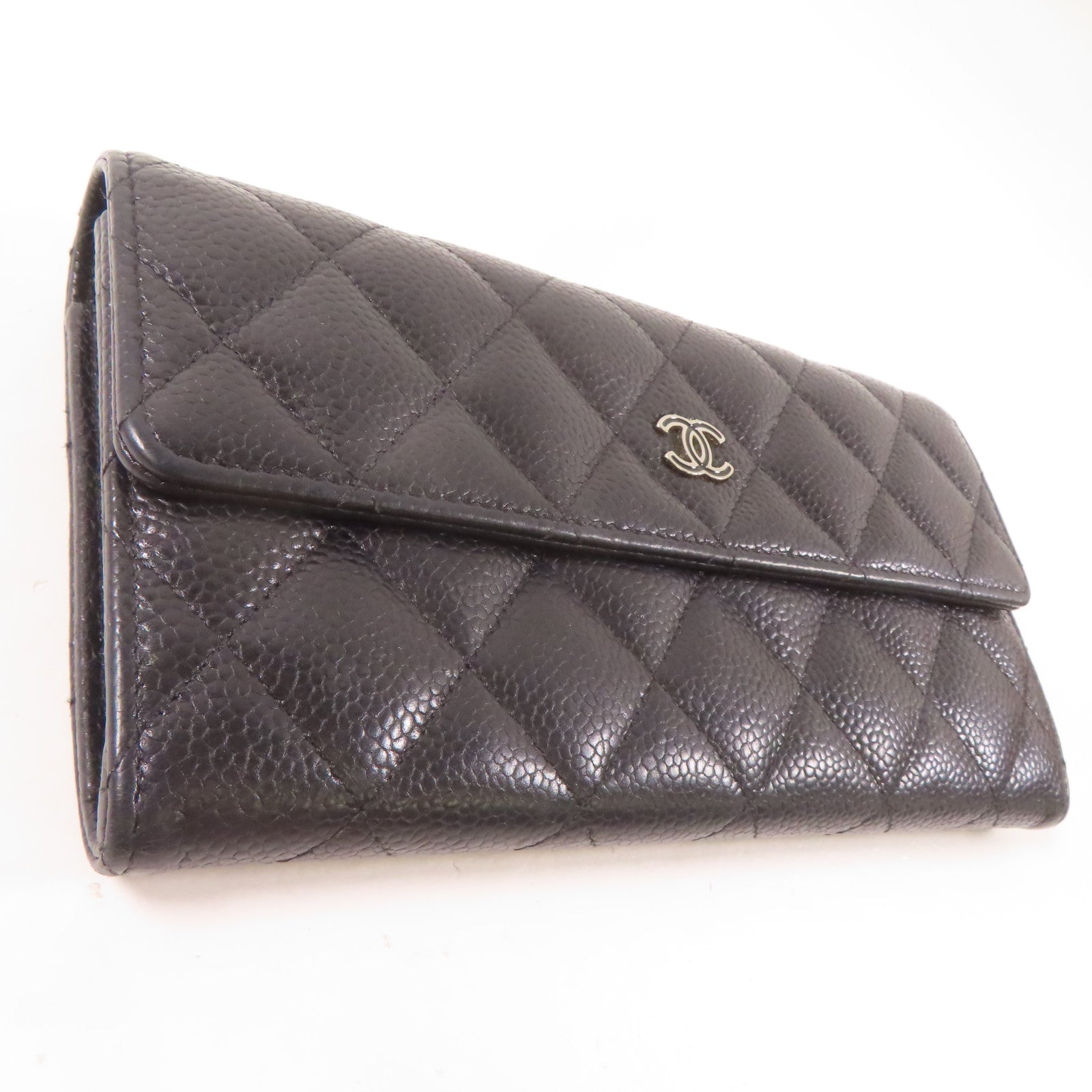 CHANEL 菱格牛皮皮革Long Wallet銀扣長錢包黑色