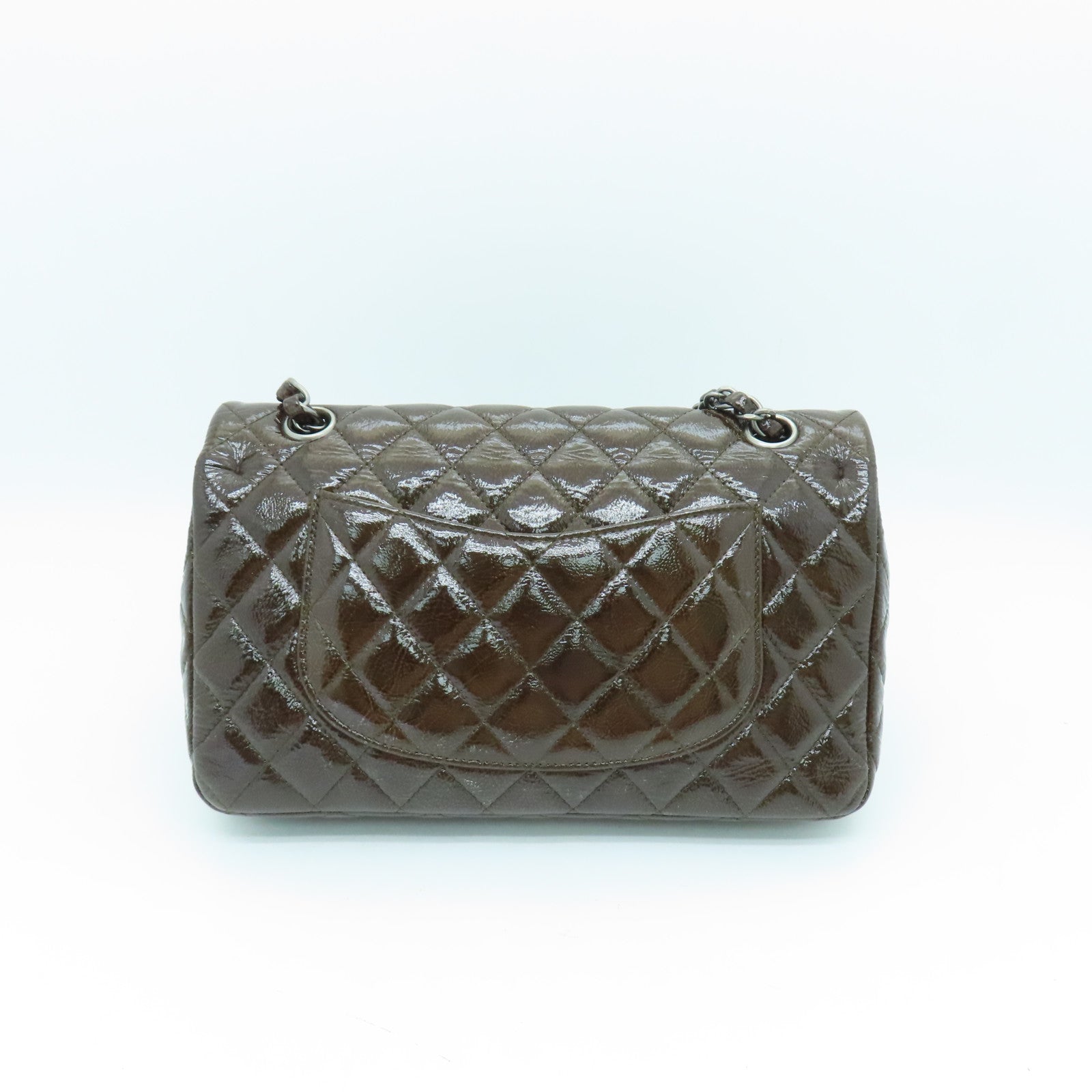 CHANEL rhombic patent leather Classic Bag silver buckle chain shoulder bag brown