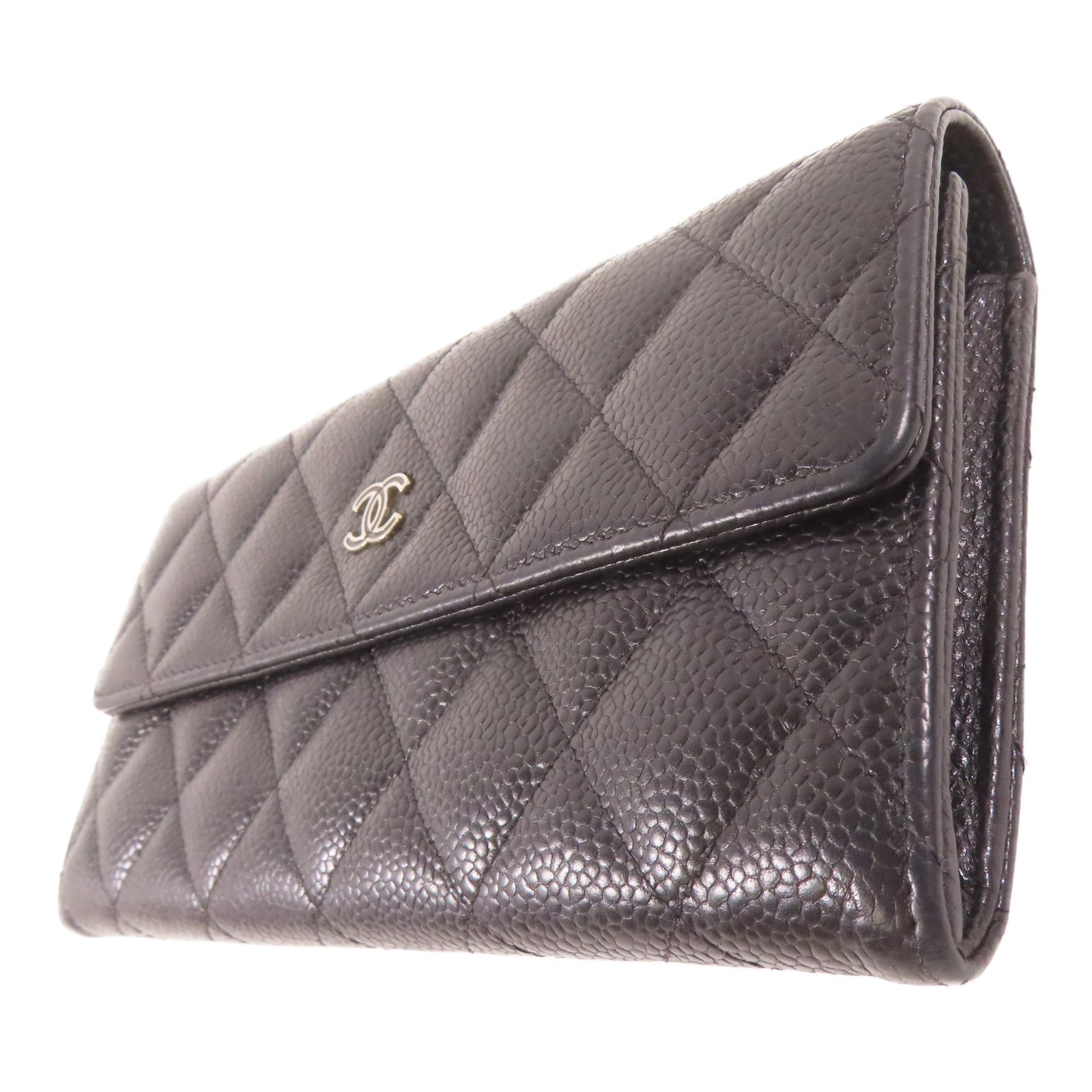 CHANEL 菱格牛皮皮革Long Wallet銀扣長錢包黑色